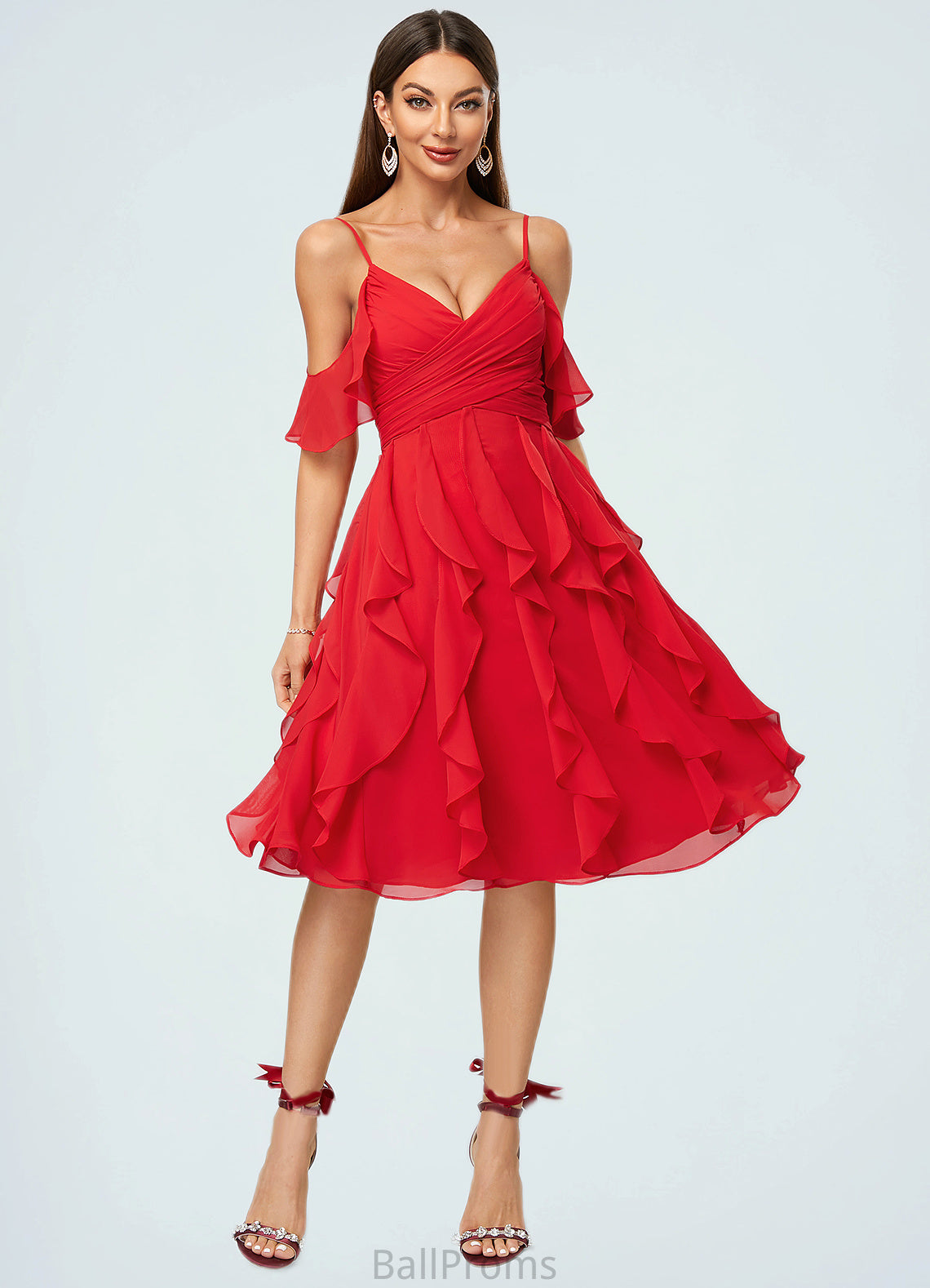 Deja A-line Cold Shoulder Knee-Length Chiffon Cocktail Dress With Cascading Ruffles HJP0022513