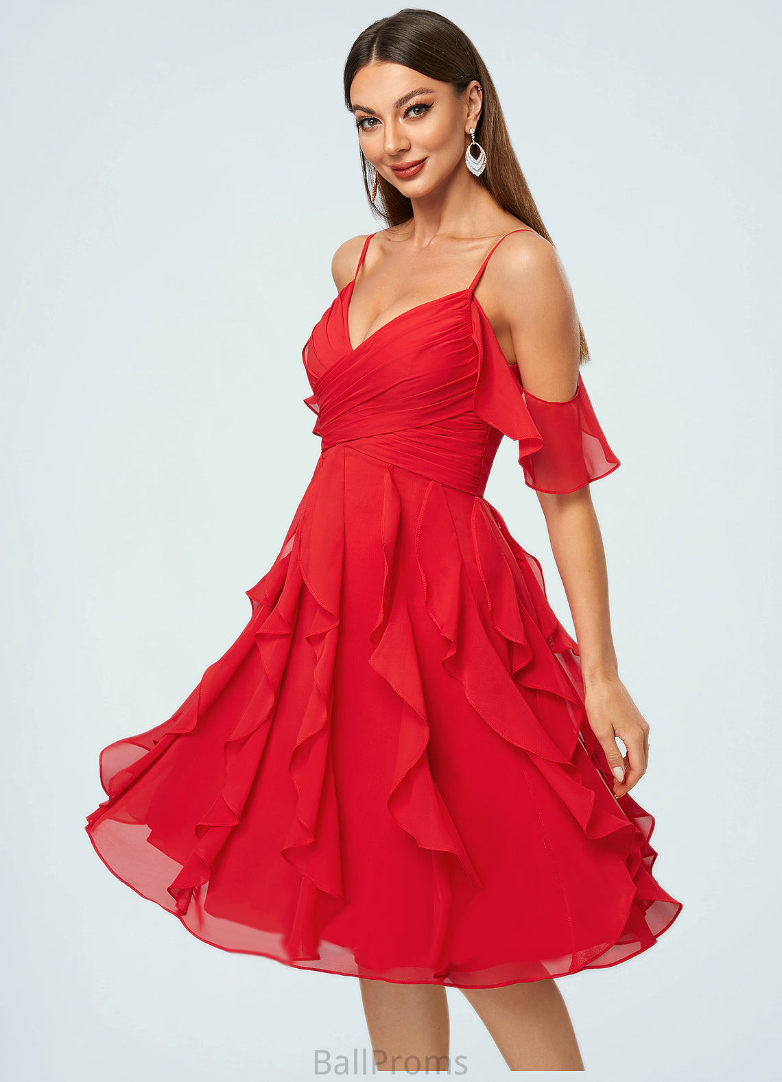 Deja A-line Cold Shoulder Knee-Length Chiffon Cocktail Dress With Cascading Ruffles HJP0022513