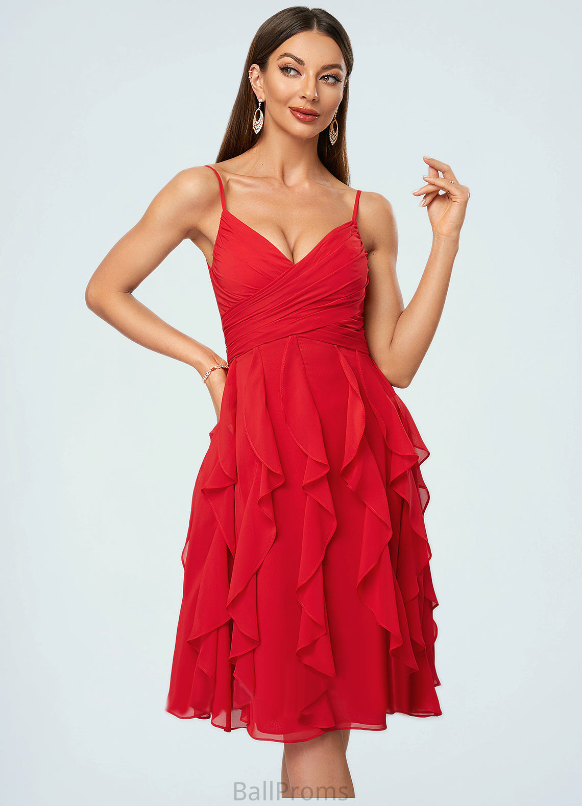 Deja A-line Cold Shoulder Knee-Length Chiffon Cocktail Dress With Cascading Ruffles HJP0022513