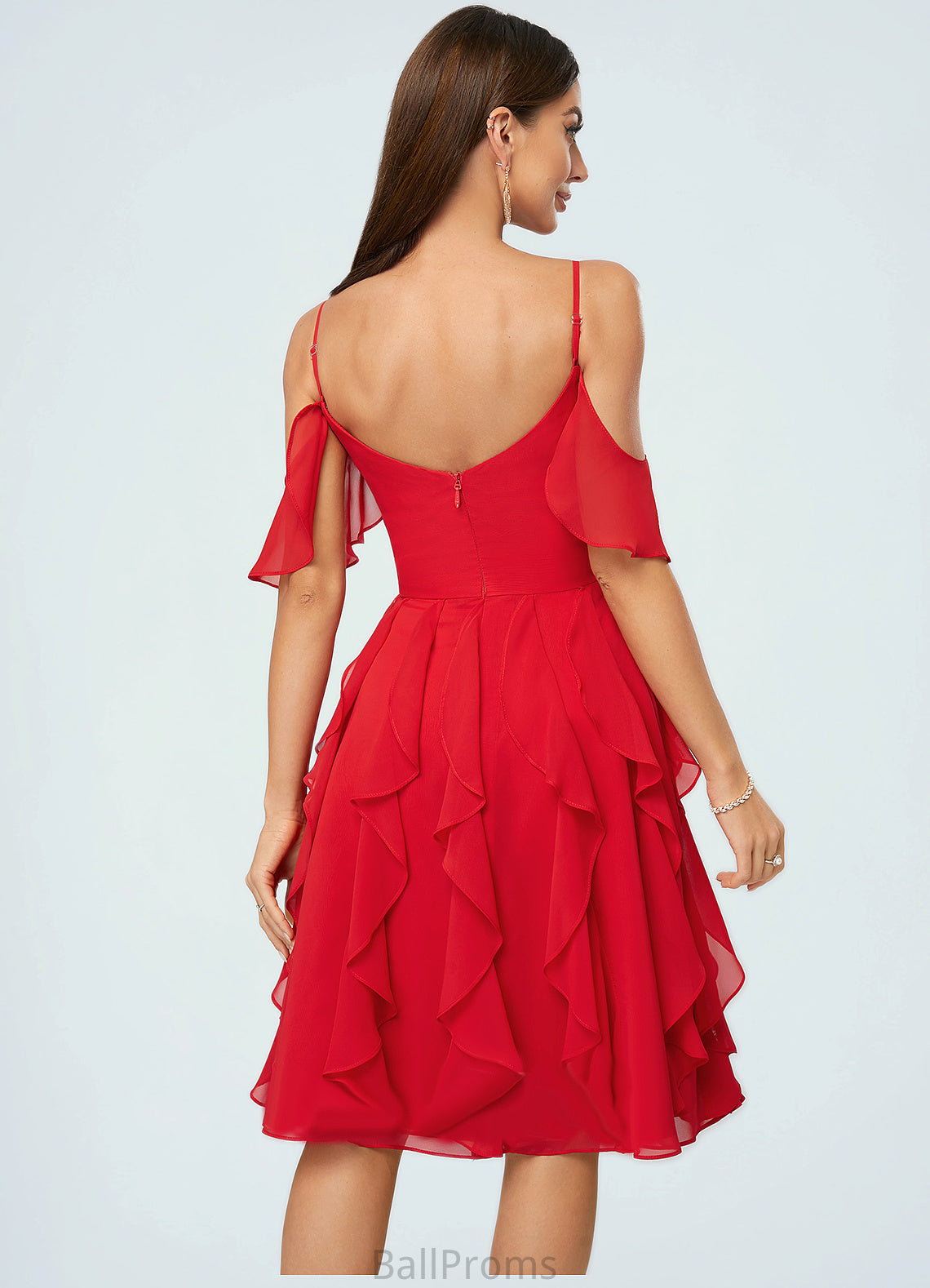 Deja A-line Cold Shoulder Knee-Length Chiffon Cocktail Dress With Cascading Ruffles HJP0022513