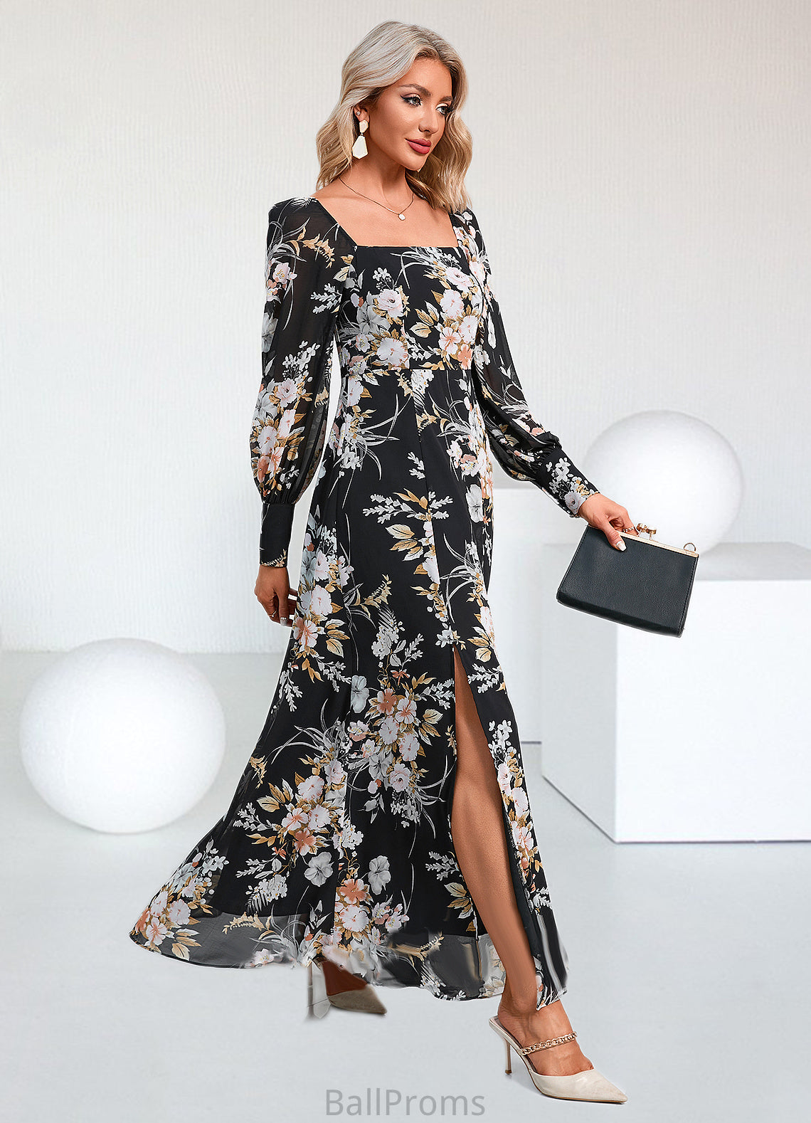 Bailee Floral Print Off the Shoulder Elegant A-line Chiffon Maxi Dresses HJP0022515