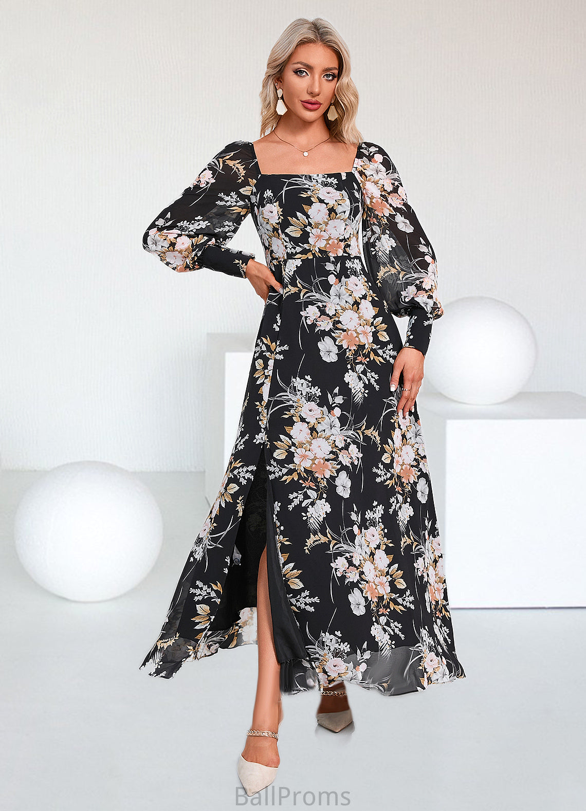 Bailee Floral Print Off the Shoulder Elegant A-line Chiffon Maxi Dresses HJP0022515