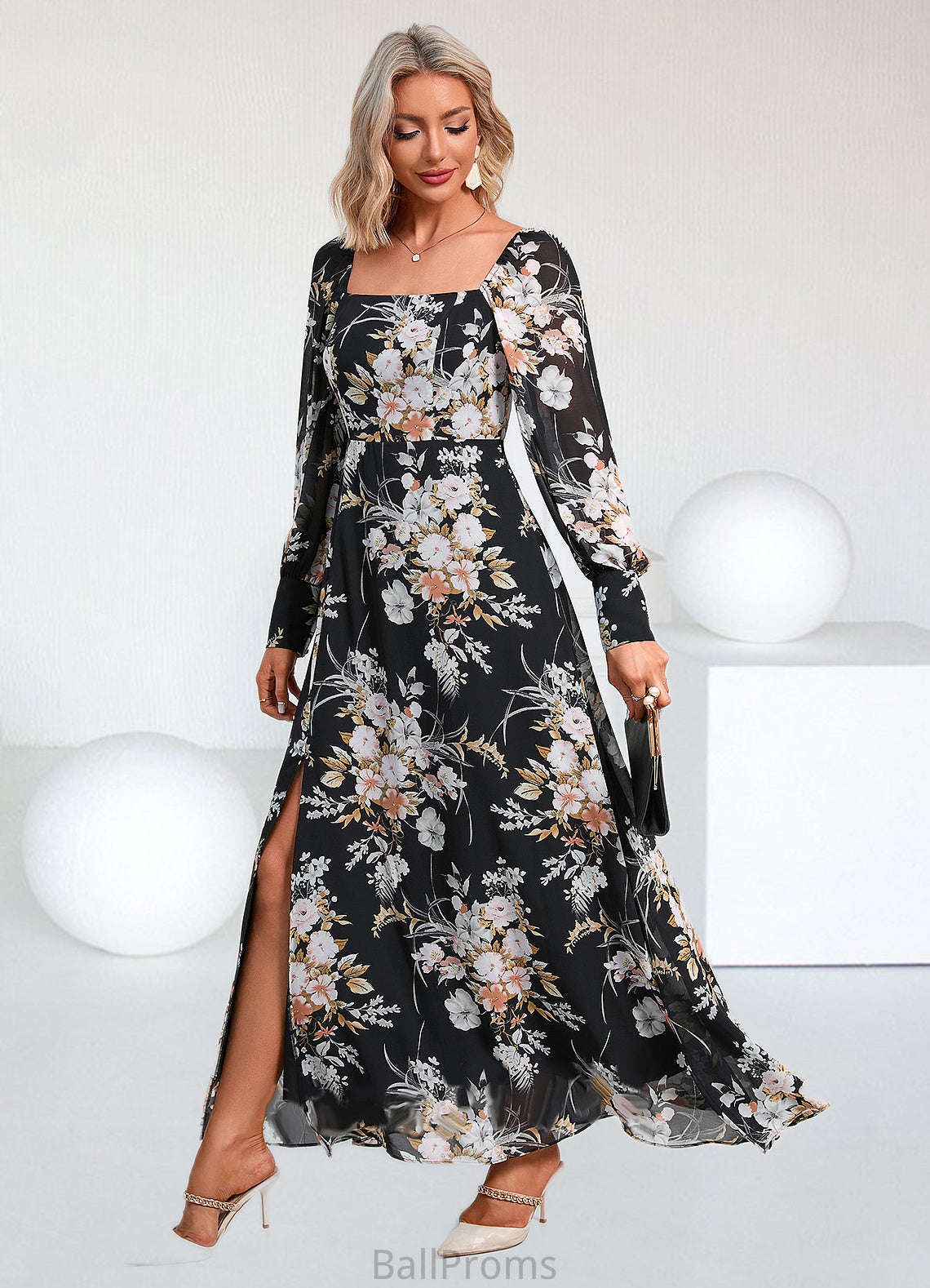 Bailee Floral Print Off the Shoulder Elegant A-line Chiffon Maxi Dresses HJP0022515