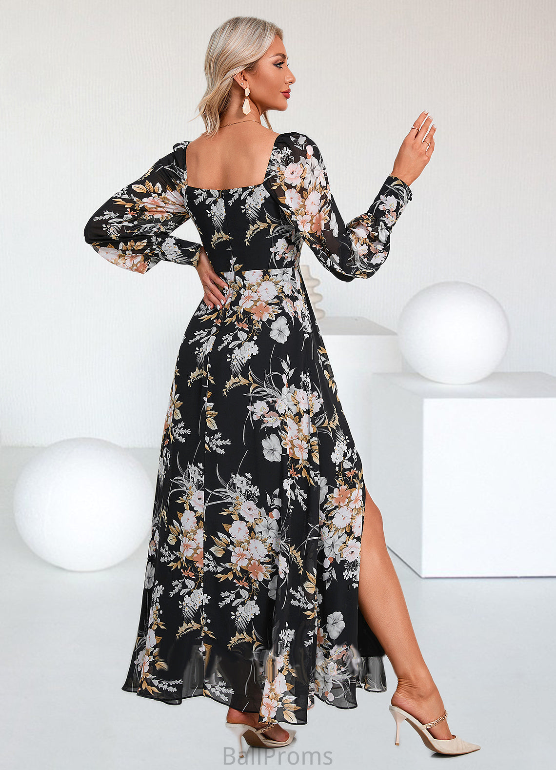 Bailee Floral Print Off the Shoulder Elegant A-line Chiffon Maxi Dresses HJP0022515