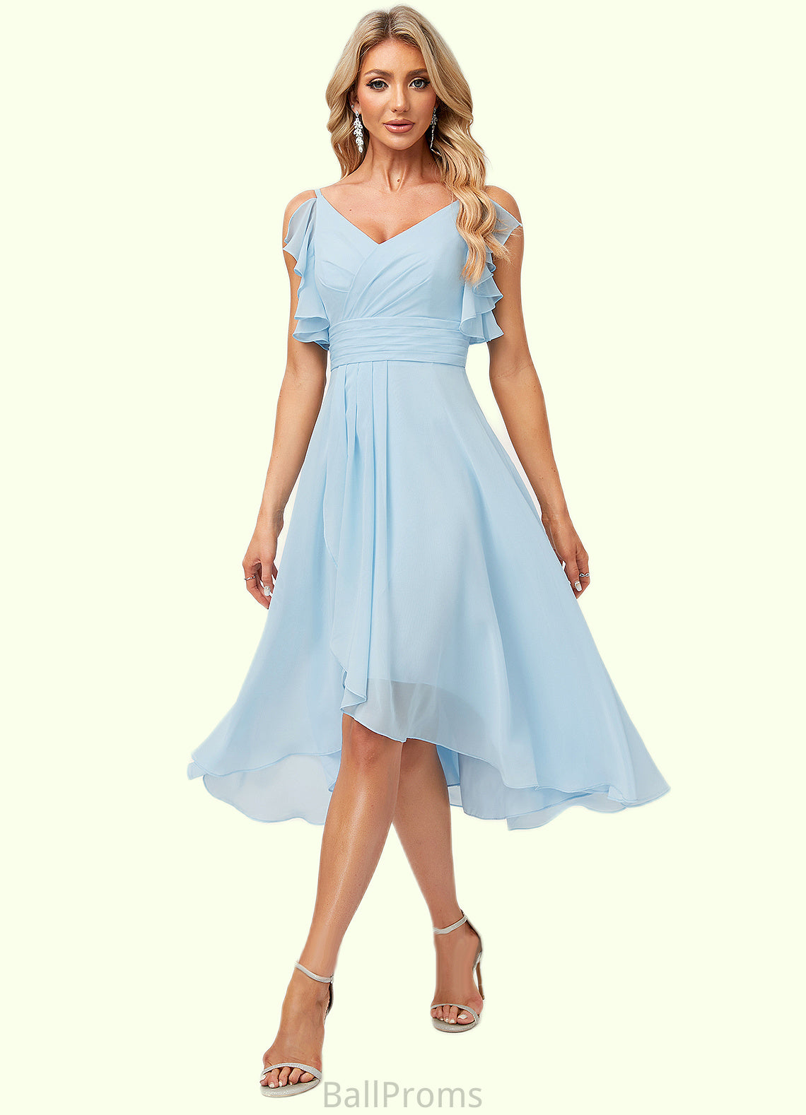 Yesenia A-line V-Neck Floor-Length Chiffon Bridesmaid Dress With Ruffle HJP0022573