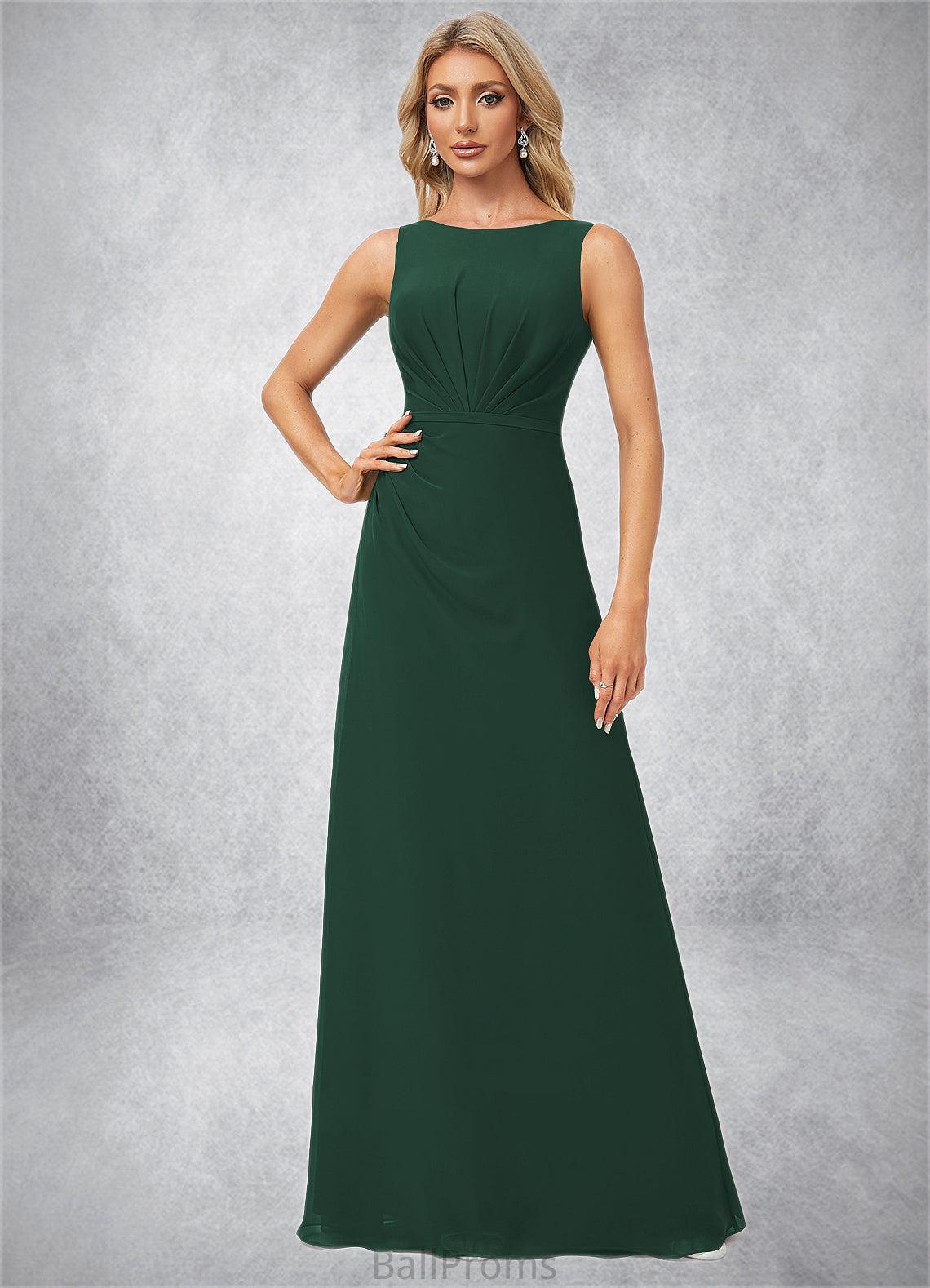 Zariah A-line Boat Neck Floor-Length Chiffon Bridesmaid Dress HJP0022592