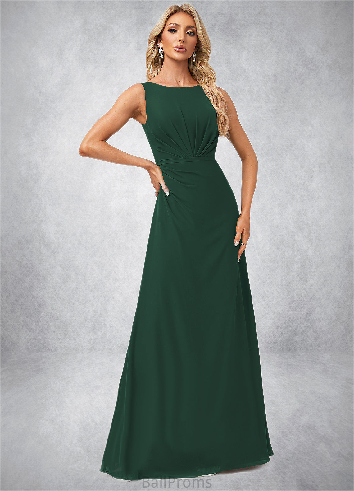 Zariah A-line Boat Neck Floor-Length Chiffon Bridesmaid Dress HJP0022592