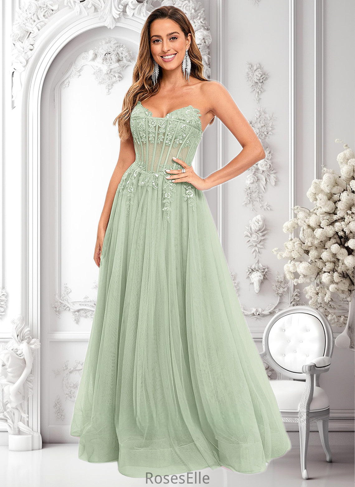 Mckenna Ball-Gown/Princess V-Neck Floor-Length Tulle Prom Dresses With Sequins Appliques Lace HJP0025837