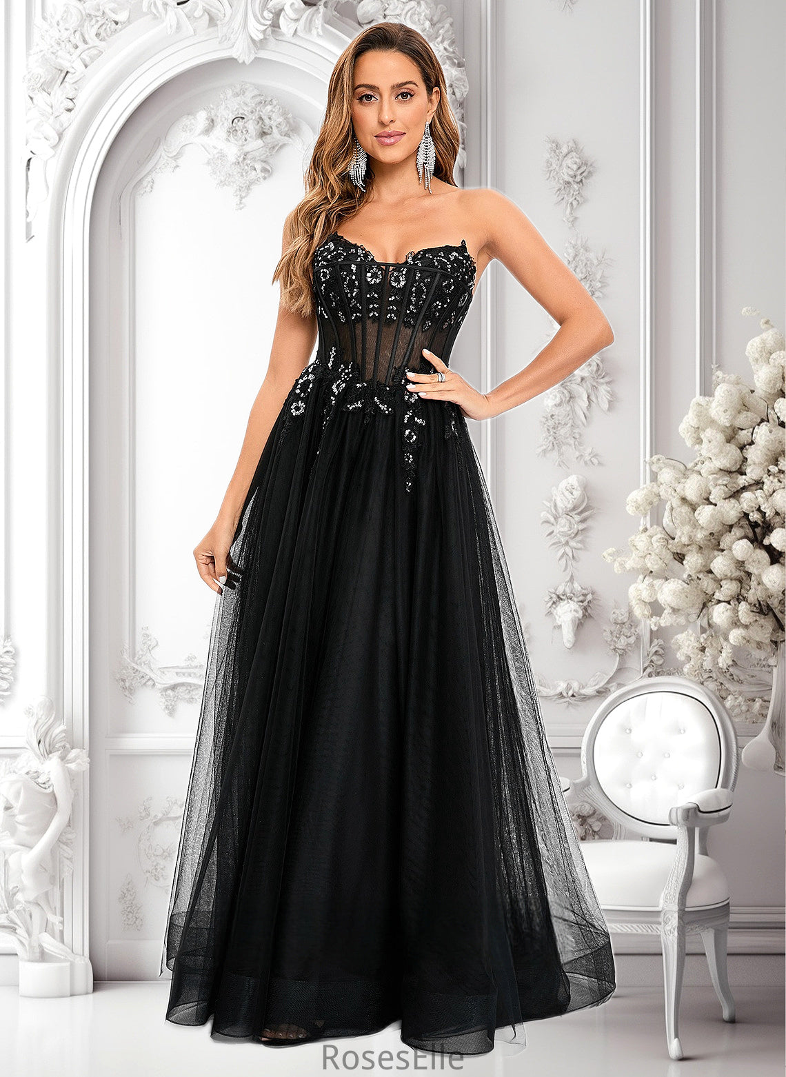 Mckenna Ball-Gown/Princess V-Neck Floor-Length Tulle Prom Dresses With Sequins Appliques Lace HJP0025837