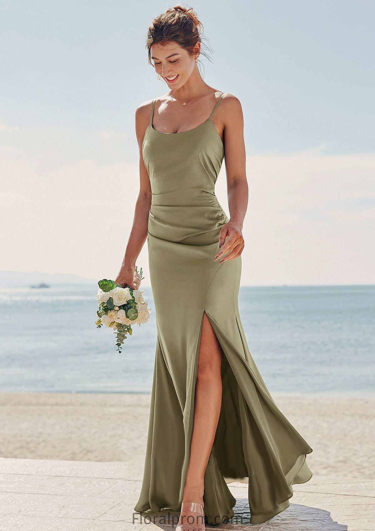 Trumpet/Mermaid Scoop Neck Sleeveless Floor-Length Stretch Satin Bridesmaid Dresses with Pleated Split Isla HJP0025219