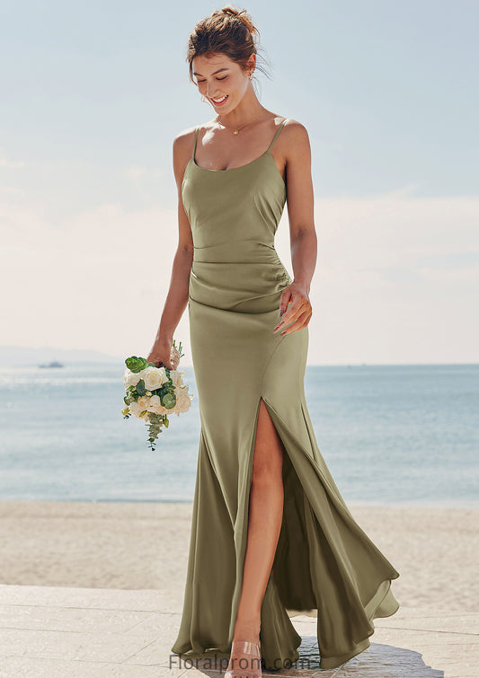 Trumpet/Mermaid Scoop Neck Sleeveless Floor-Length Stretch Satin Bridesmaid Dresses with Pleated Split Isla HJP0025219