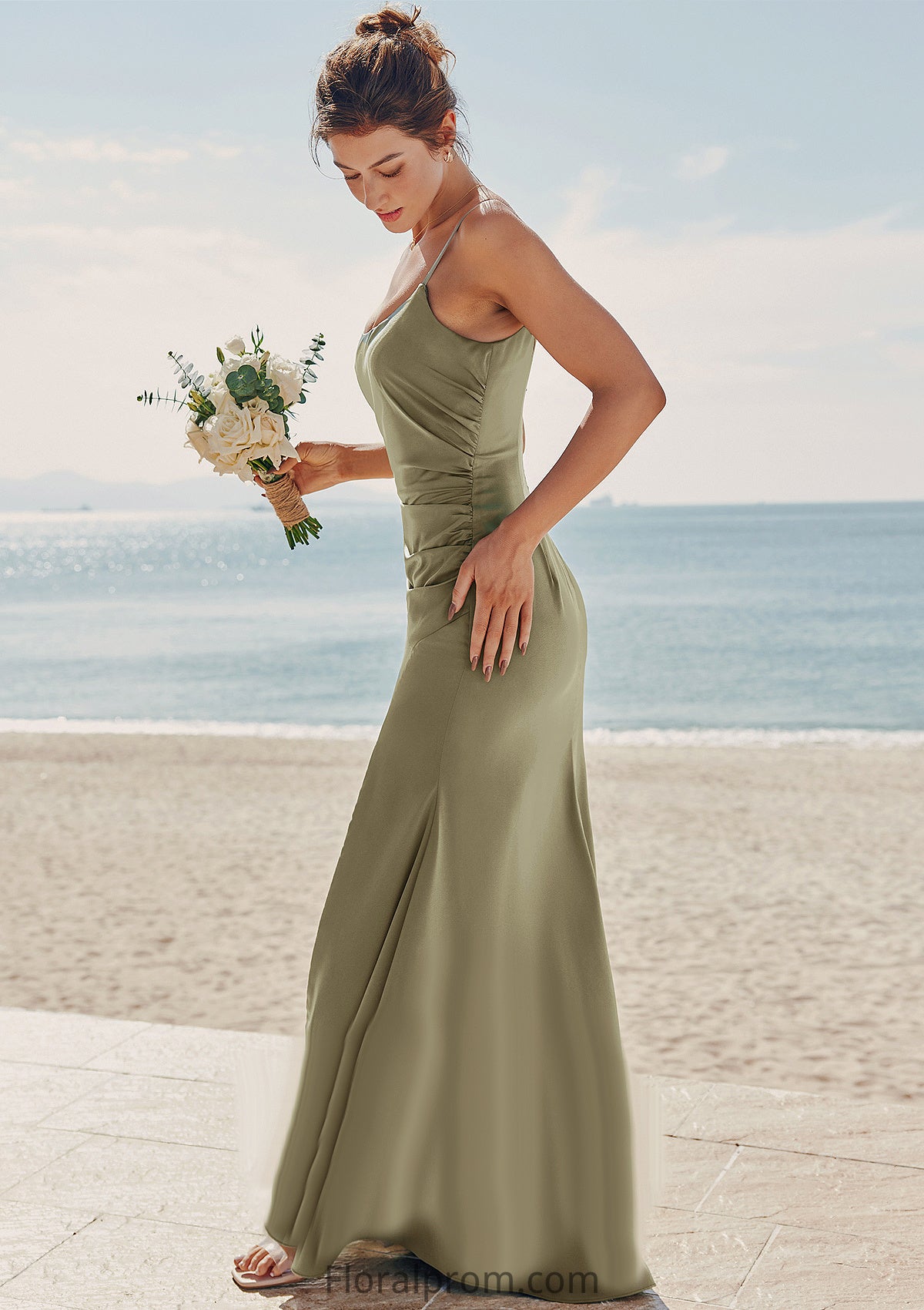 Trumpet/Mermaid Scoop Neck Sleeveless Floor-Length Stretch Satin Bridesmaid Dresses with Pleated Split Isla HJP0025219