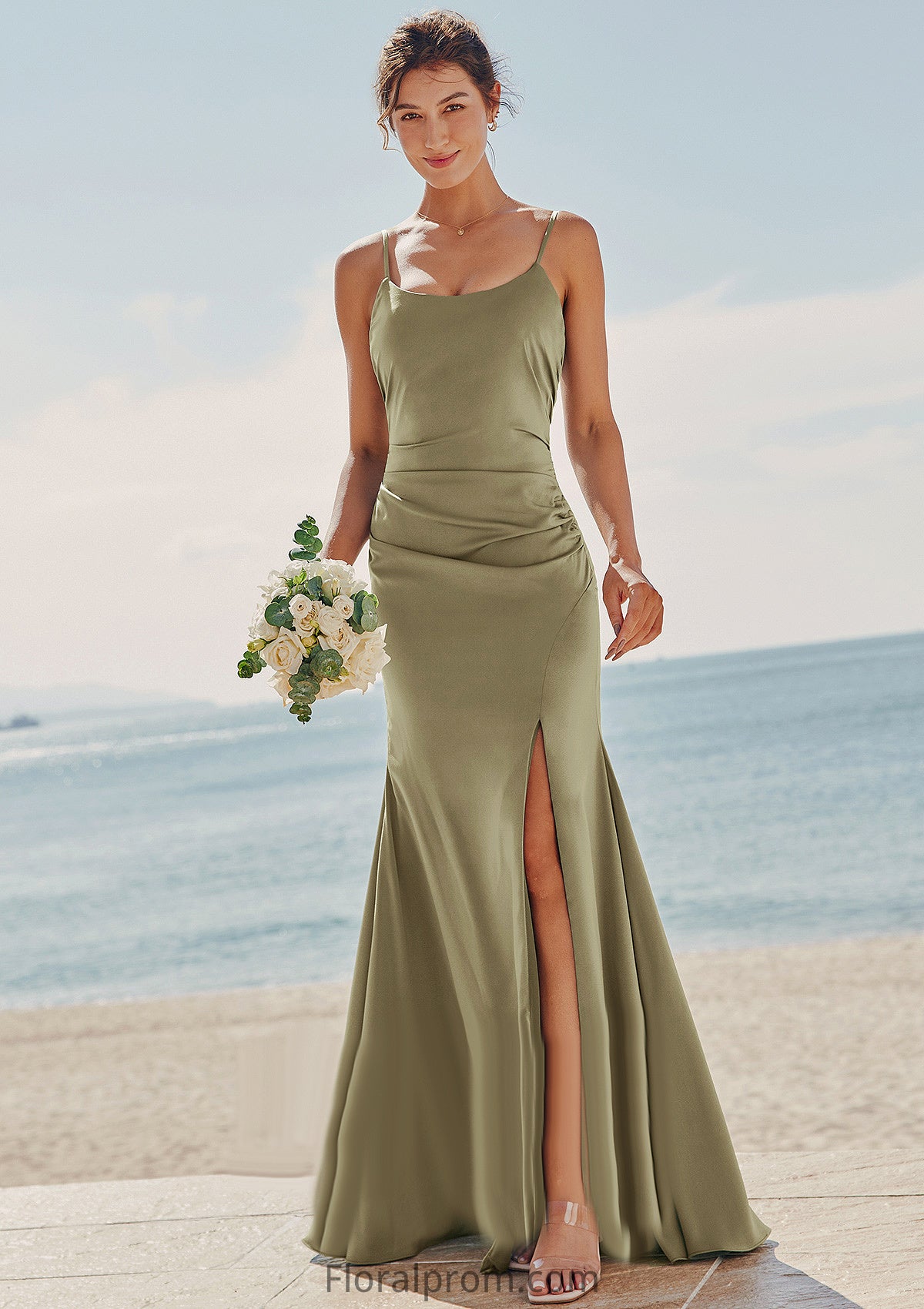 Trumpet/Mermaid Scoop Neck Sleeveless Floor-Length Stretch Satin Bridesmaid Dresses with Pleated Split Isla HJP0025219