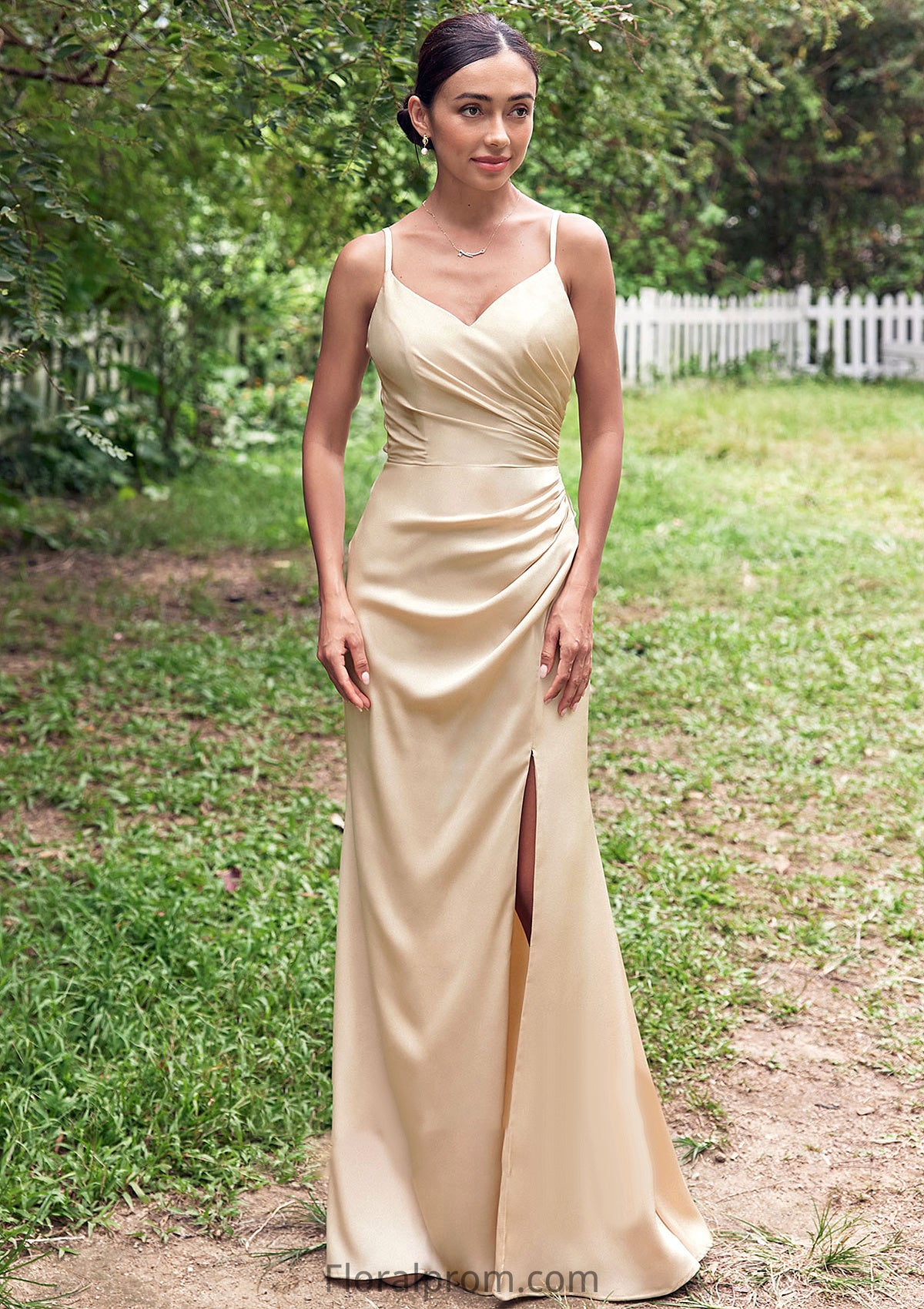 Sheath/Column V Neck Sleeveless Floor-Length Stretch Satin Bridesmaid Dresses with Pleated Split Abbie HJP0025222