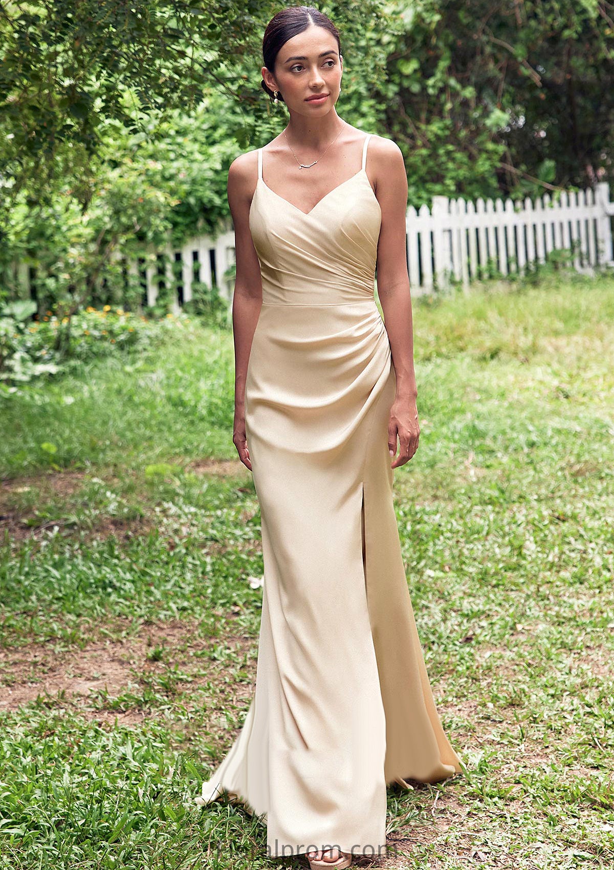 Sheath/Column V Neck Sleeveless Floor-Length Stretch Satin Bridesmaid Dresses with Pleated Split Abbie HJP0025222