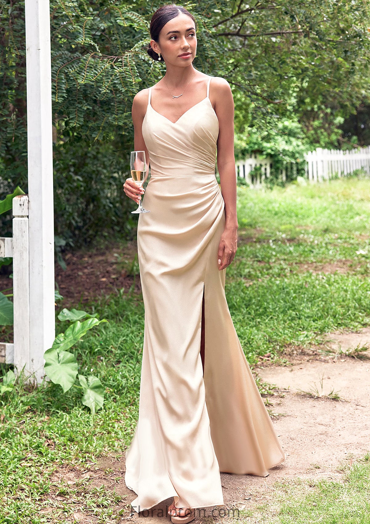 Sheath/Column V Neck Sleeveless Floor-Length Stretch Satin Bridesmaid Dresses with Pleated Split Abbie HJP0025222