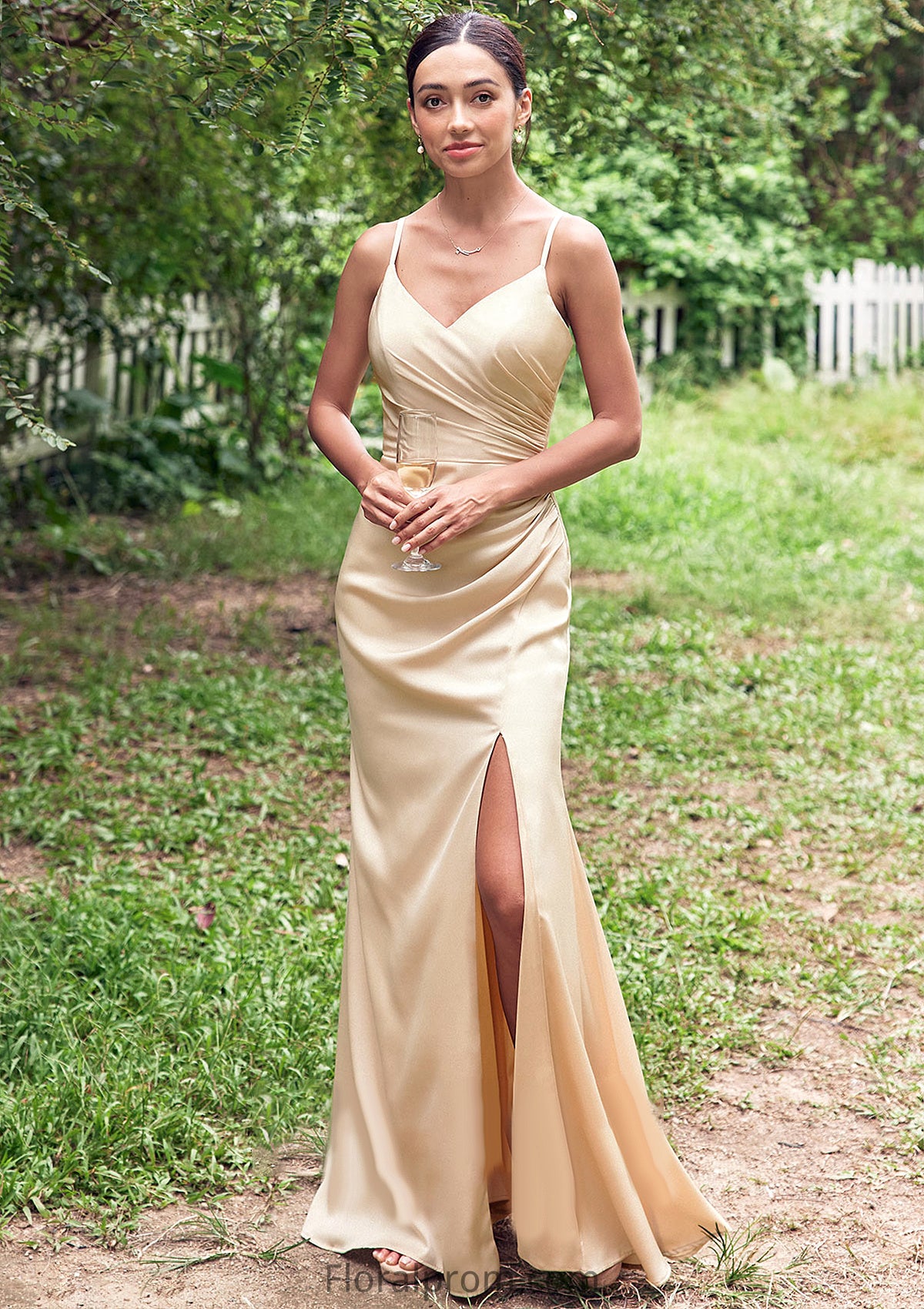 Sheath/Column V Neck Sleeveless Floor-Length Stretch Satin Bridesmaid Dresses with Pleated Split Abbie HJP0025222