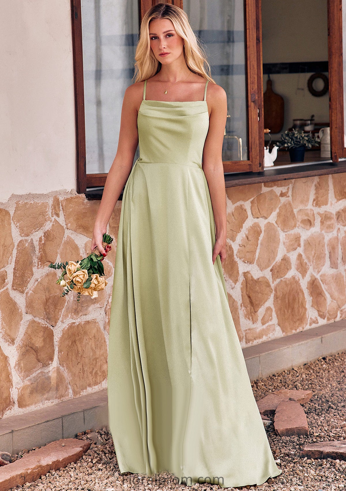 A-line Square Neckline Sleeveless Floor-Length Stretch Satin Bridesmaid Dresses with Bowknot Split Jan HJP0025223