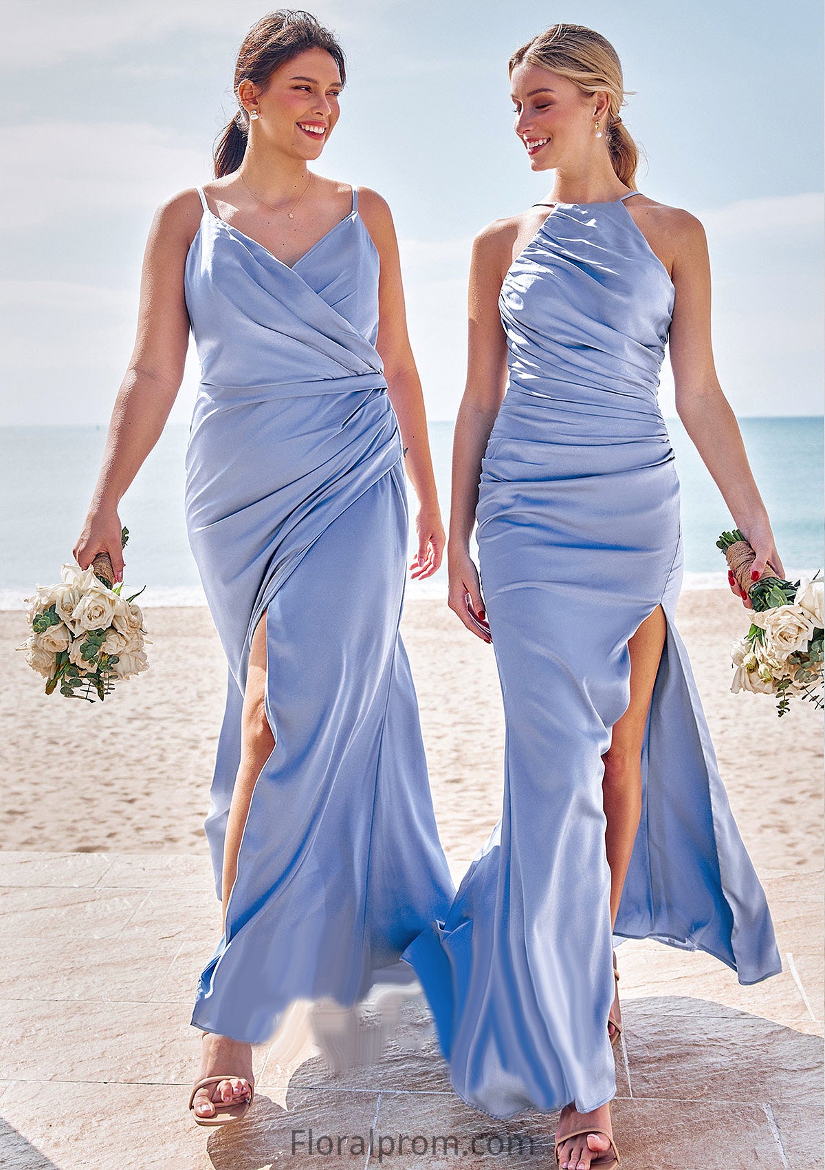 Sheath/Column Halter Sleeveless Floor-Length Stretch Satin Bridesmaid Dresses with Pleated Split Aliya HJP0025224