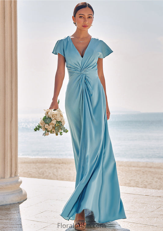 Sheath/Column V Neck Short Sleeve Floor-Length Stretch Satin Bridesmaid Dresses with Pleated Gabriella HJP0025225