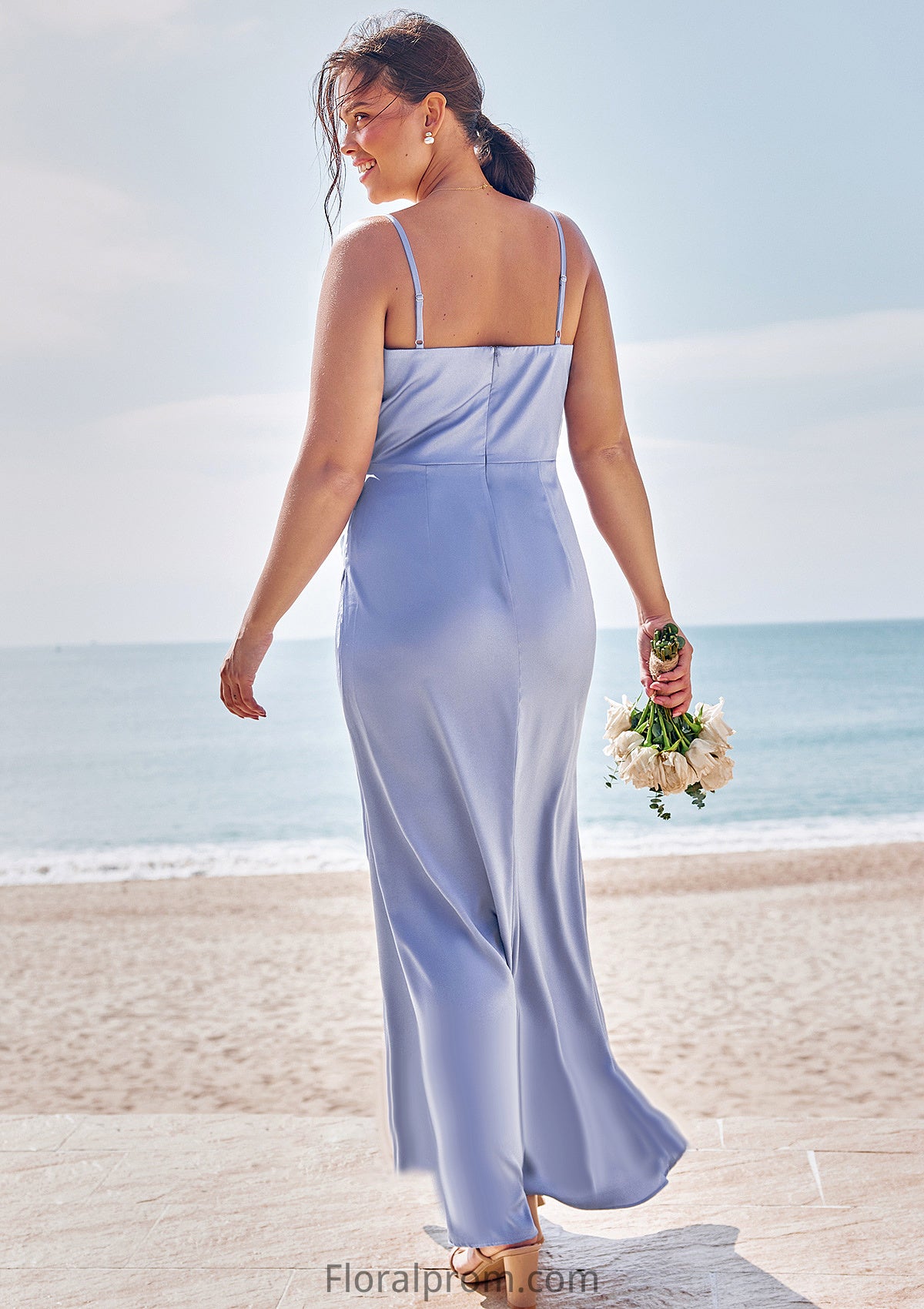 Sheath/Column V Neck Sleeveless Floor-Length Stretch Satin Bridesmaid Dresses with Pleated Split Marely HJP0025227