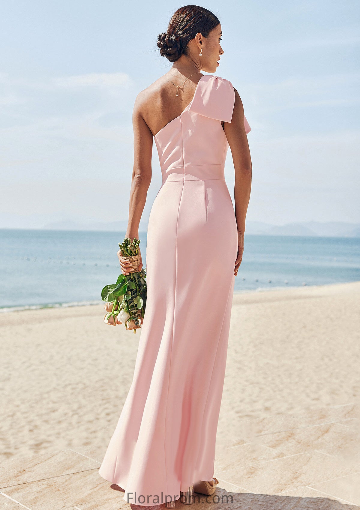 Sheath/Column One-Shoulder Sleeveless Floor-Length Stretch Crepe Bridesmaid Dresses with Bowknot Split Maisie HJP0025230