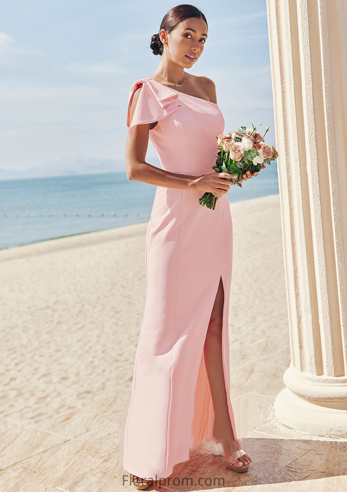 Sheath/Column One-Shoulder Sleeveless Floor-Length Stretch Crepe Bridesmaid Dresses with Bowknot Split Maisie HJP0025230