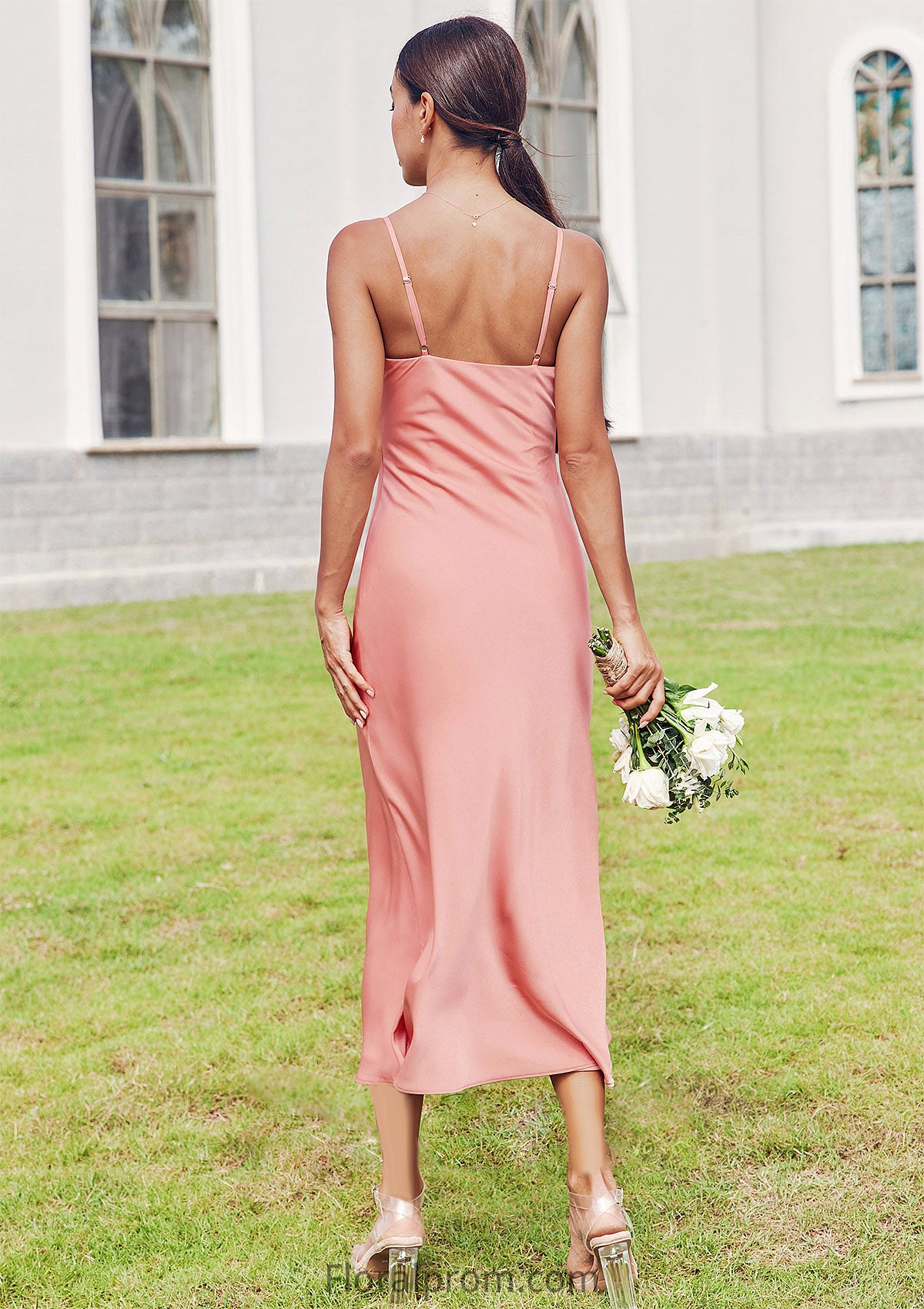 Sheath/Column Cowl Neck Sleeveless Tea-Length Stretch Satin Bridesmaid Dresses Melinda HJP0025232