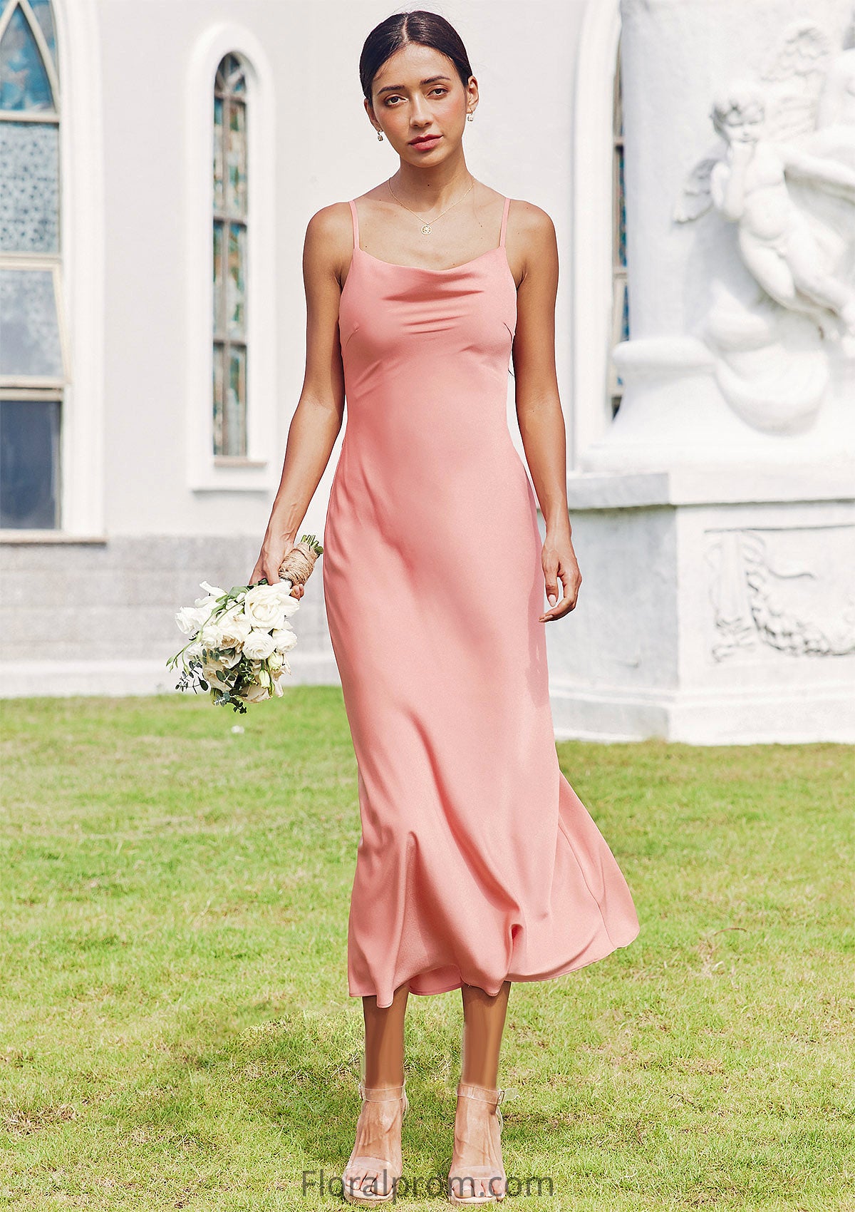 Sheath/Column Cowl Neck Sleeveless Tea-Length Stretch Satin Bridesmaid Dresses Melinda HJP0025232