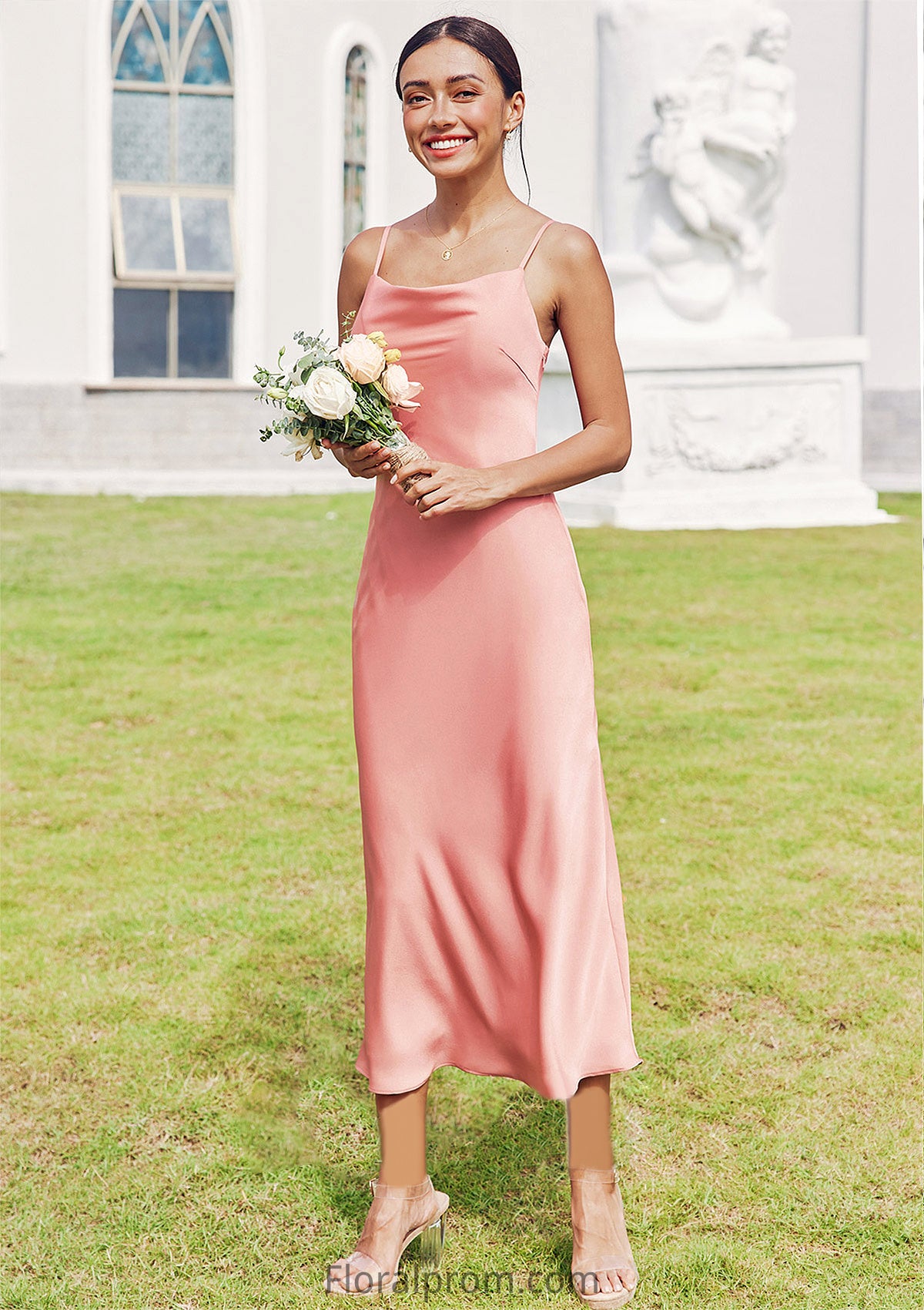 Sheath/Column Cowl Neck Sleeveless Tea-Length Stretch Satin Bridesmaid Dresses Melinda HJP0025232