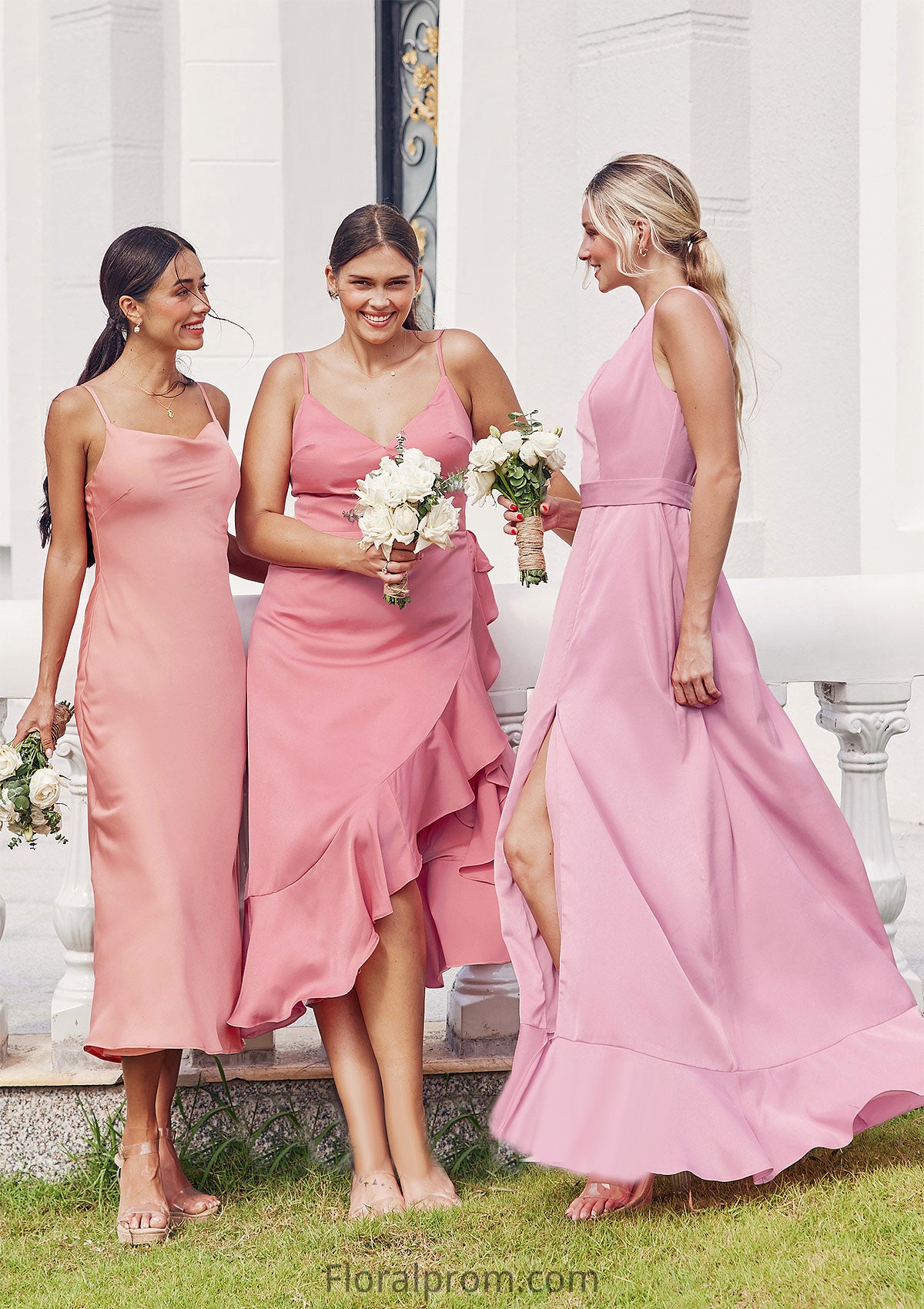 Sheath/Column Cowl Neck Sleeveless Tea-Length Stretch Satin Bridesmaid Dresses Melinda HJP0025232