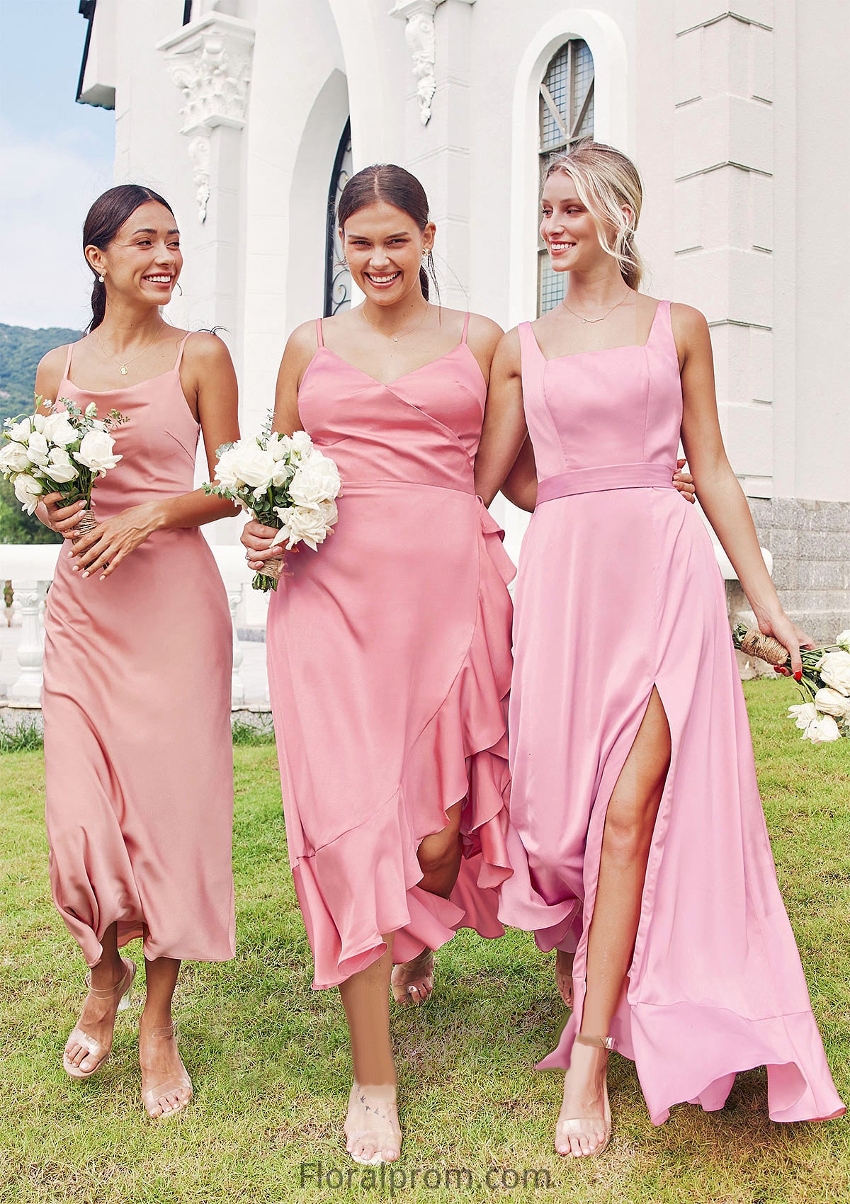 Sheath/Column Cowl Neck Sleeveless Tea-Length Stretch Satin Bridesmaid Dresses Melinda HJP0025232