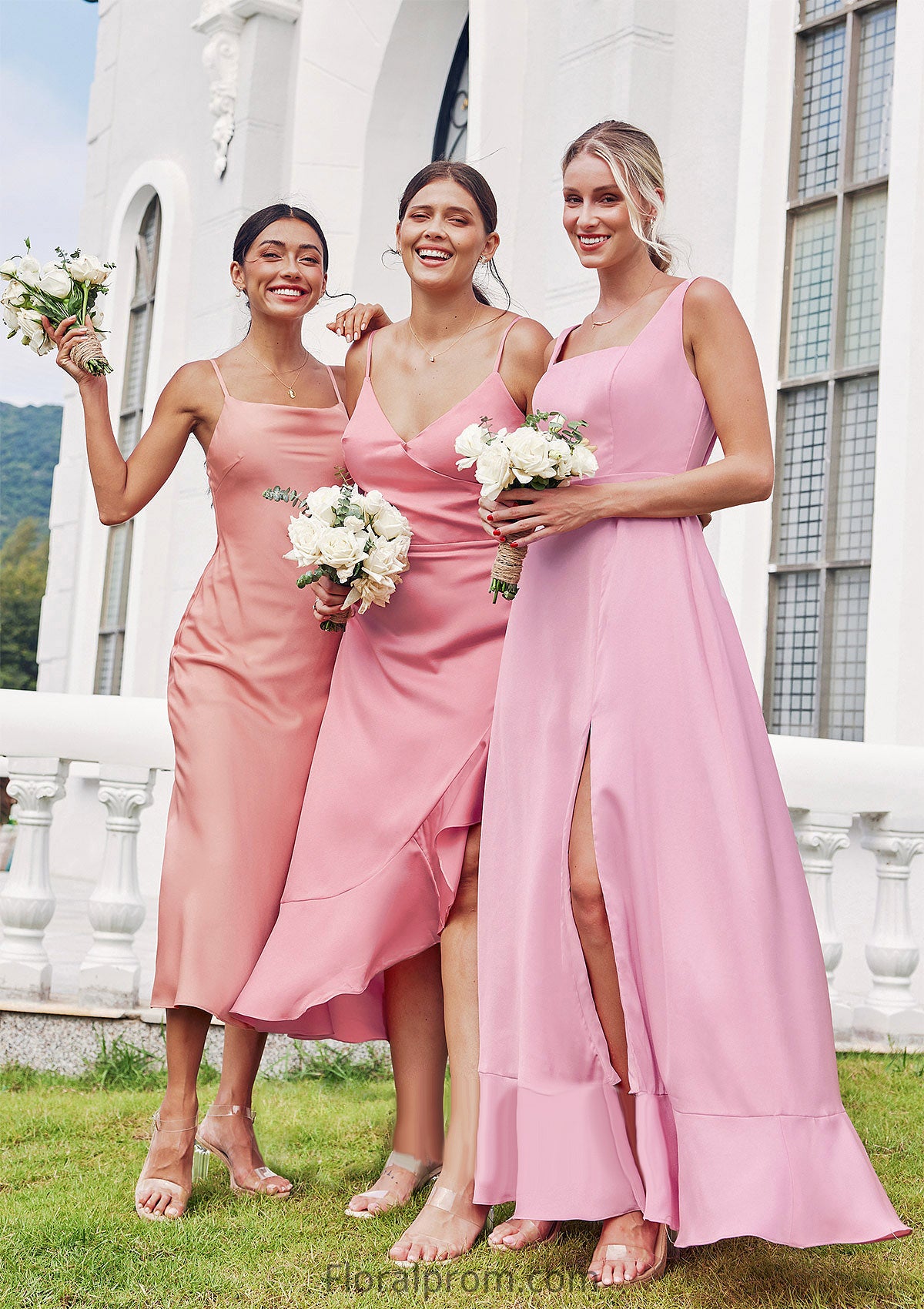 Sheath/Column Cowl Neck Sleeveless Tea-Length Stretch Satin Bridesmaid Dresses Melinda HJP0025232