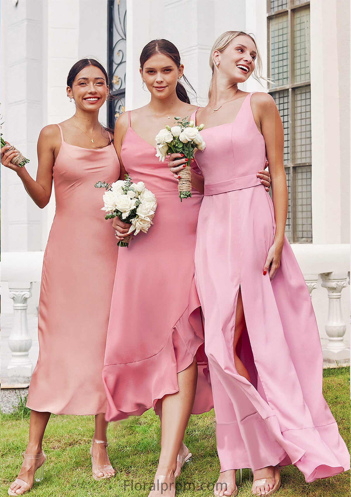 Sheath/Column Cowl Neck Sleeveless Tea-Length Stretch Satin Bridesmaid Dresses Melinda HJP0025232