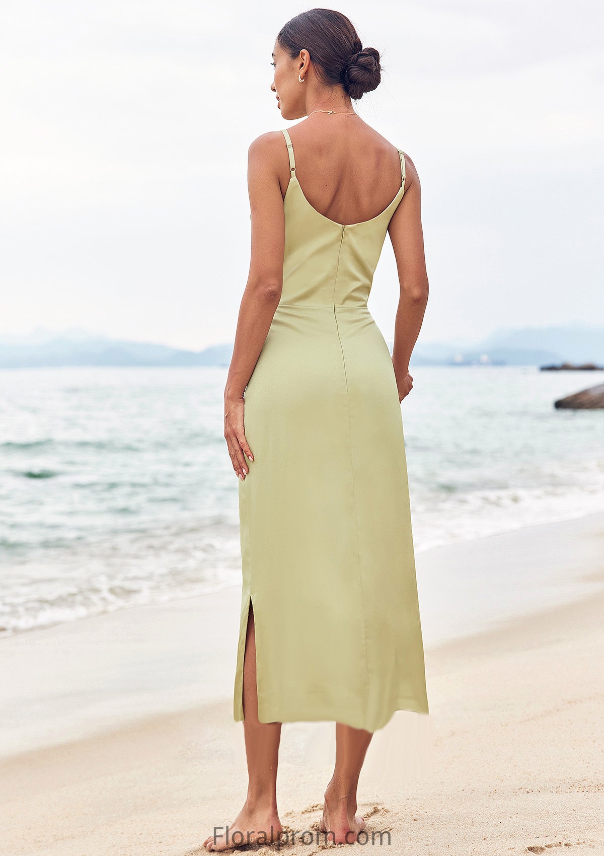 Sheath/Column V Neck Sleeveless Tea-Length Stretch Satin Bridesmaid Dresses with Pleated Split Payten HJP0025233