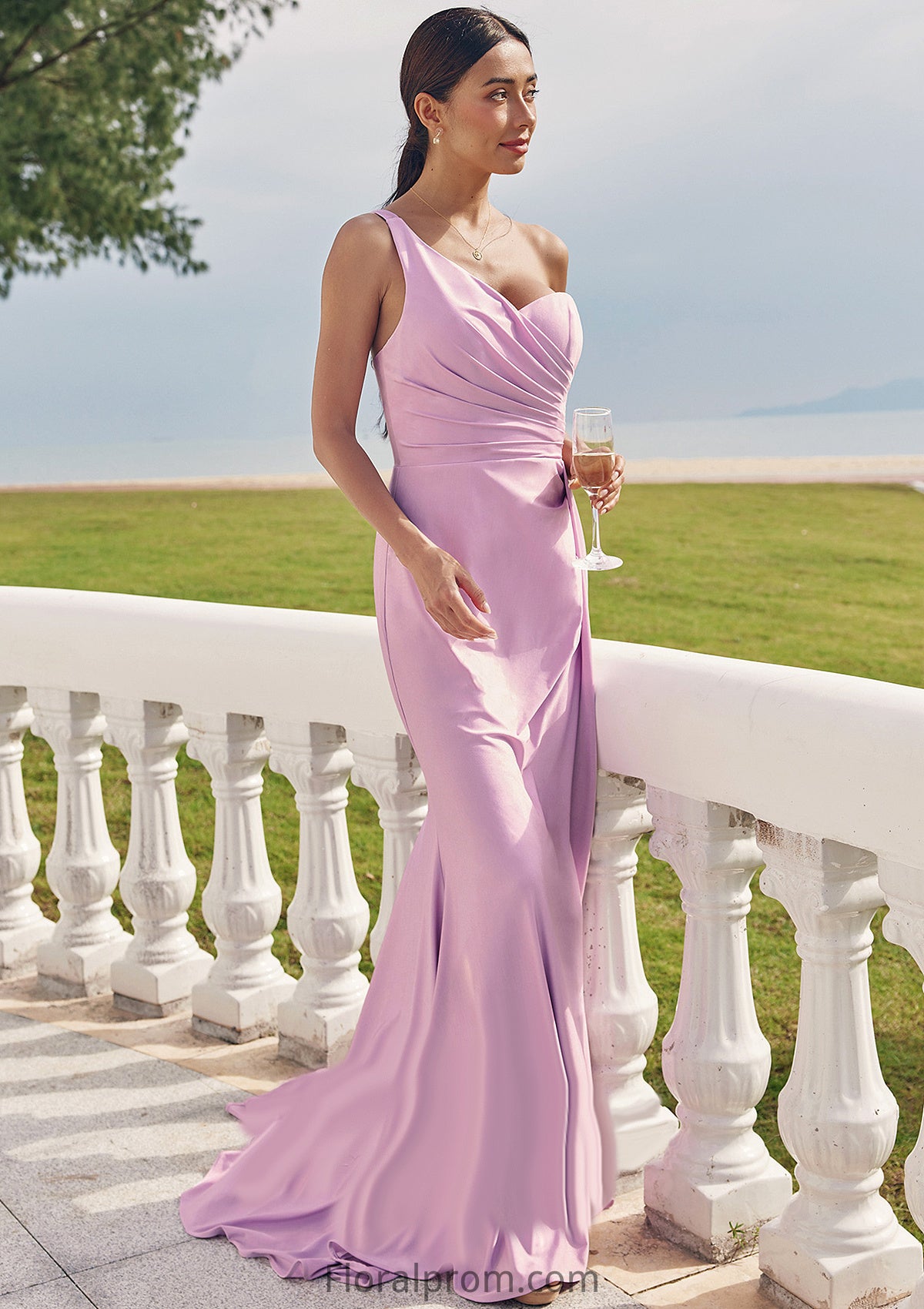 Trumpet/Mermaid One-Shoulder Sleeveless Floor-Length Jersey Bridesmaid Dresses with Pleated Side Draping Glenda HJP0025234