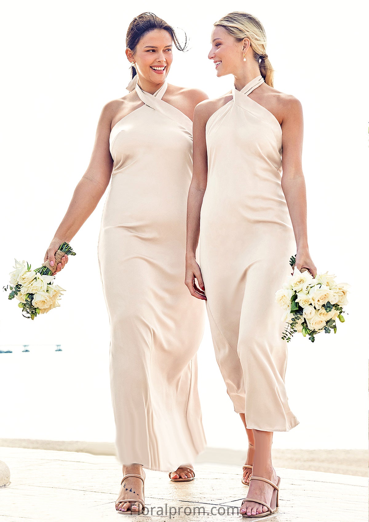 Sheath/Column Halter Sleeveless Ankle-Length Stretch Satin Bridesmaid Dresses with Bowknot Kaylin HJP0025236