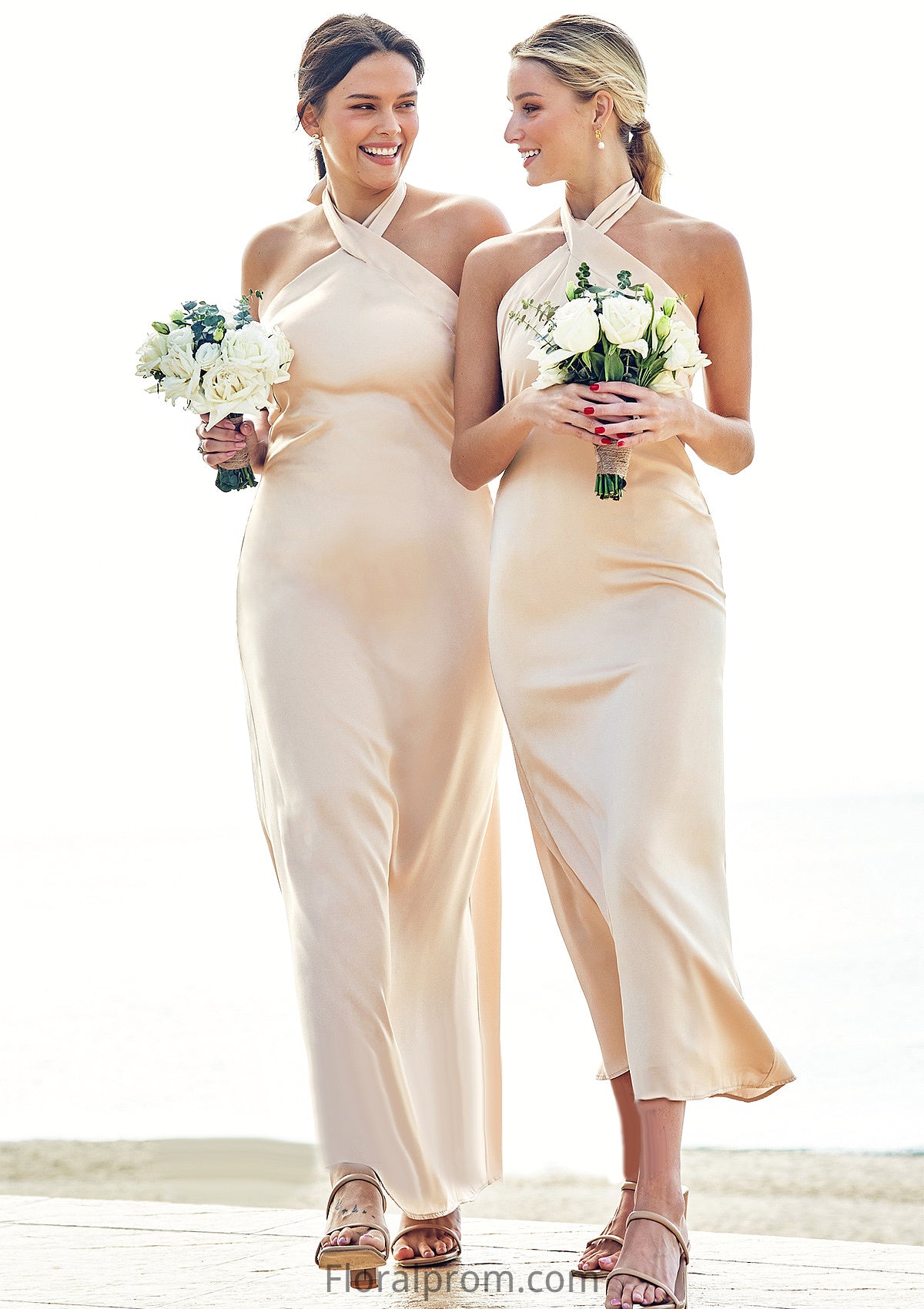 Sheath/Column Halter Sleeveless Ankle-Length Stretch Satin Bridesmaid Dresses with Bowknot Kaylin HJP0025236