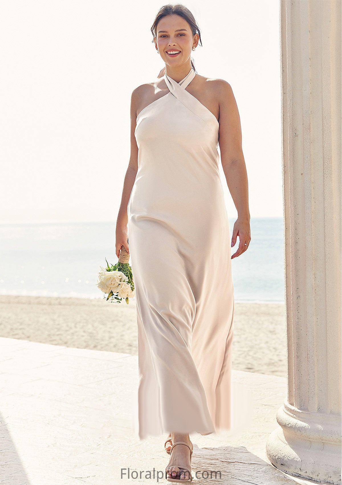 Sheath/Column Halter Sleeveless Ankle-Length Stretch Satin Plus Size Bridesmaid Dresses with Bowknot Mckayla HJP0025237