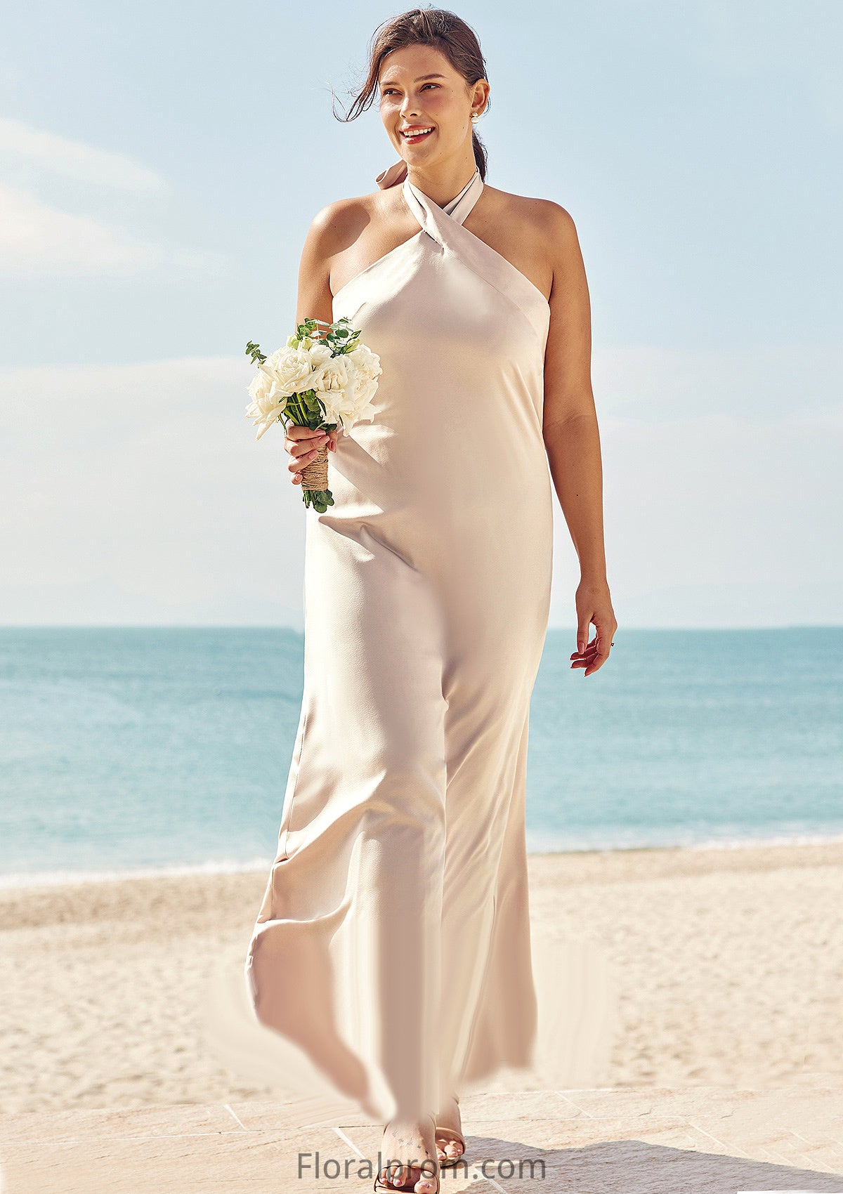 Sheath/Column Halter Sleeveless Ankle-Length Stretch Satin Plus Size Bridesmaid Dresses with Bowknot Mckayla HJP0025237