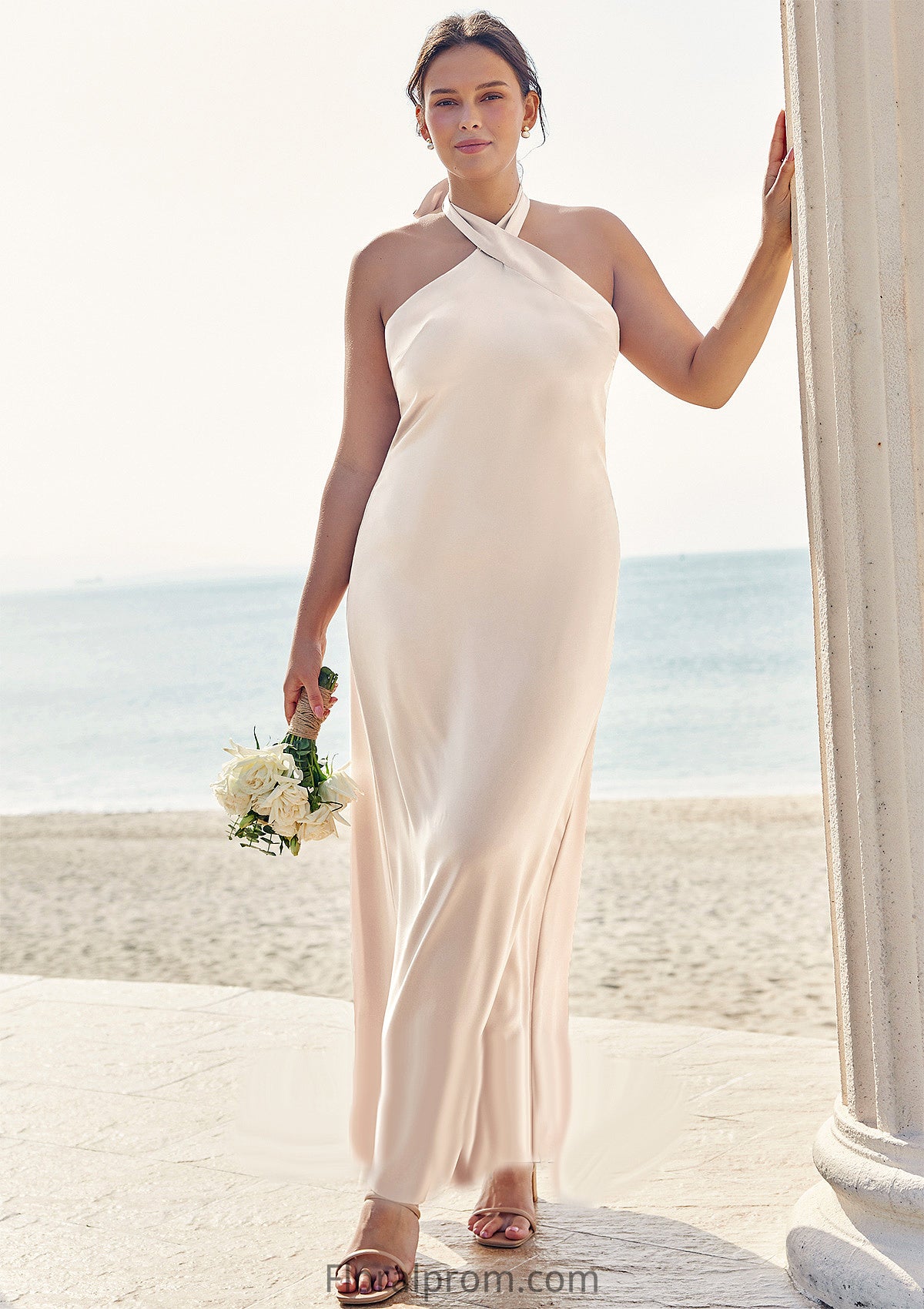 Sheath/Column Halter Sleeveless Ankle-Length Stretch Satin Plus Size Bridesmaid Dresses with Bowknot Mckayla HJP0025237