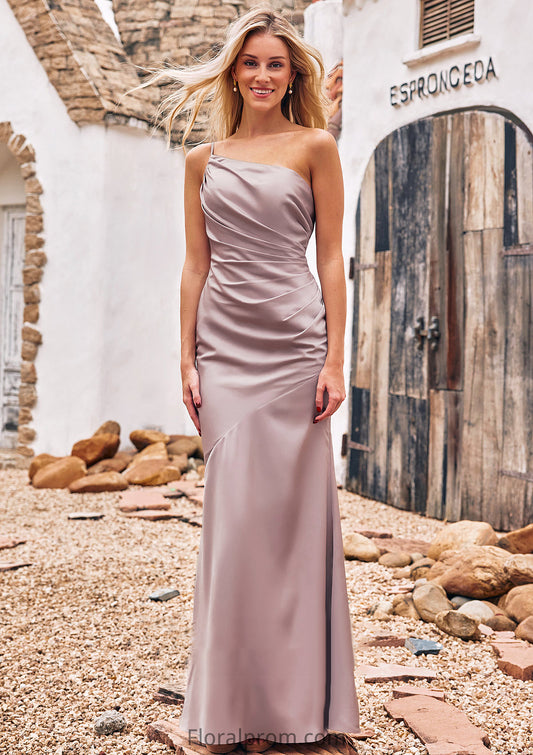 Sheath/Column One-Shoulder Sleeveless Floor-Length Stretch Satin Bridesmaid Dresses with Pleated Kayleigh HJP0025238