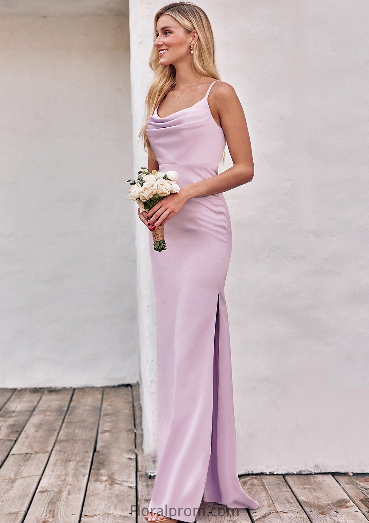 Sheath/Column Cowl Neck Sleeveless Floor-Length Stretch Satin Bridesmaid Dresses with Pleated Split Amiah HJP0025242