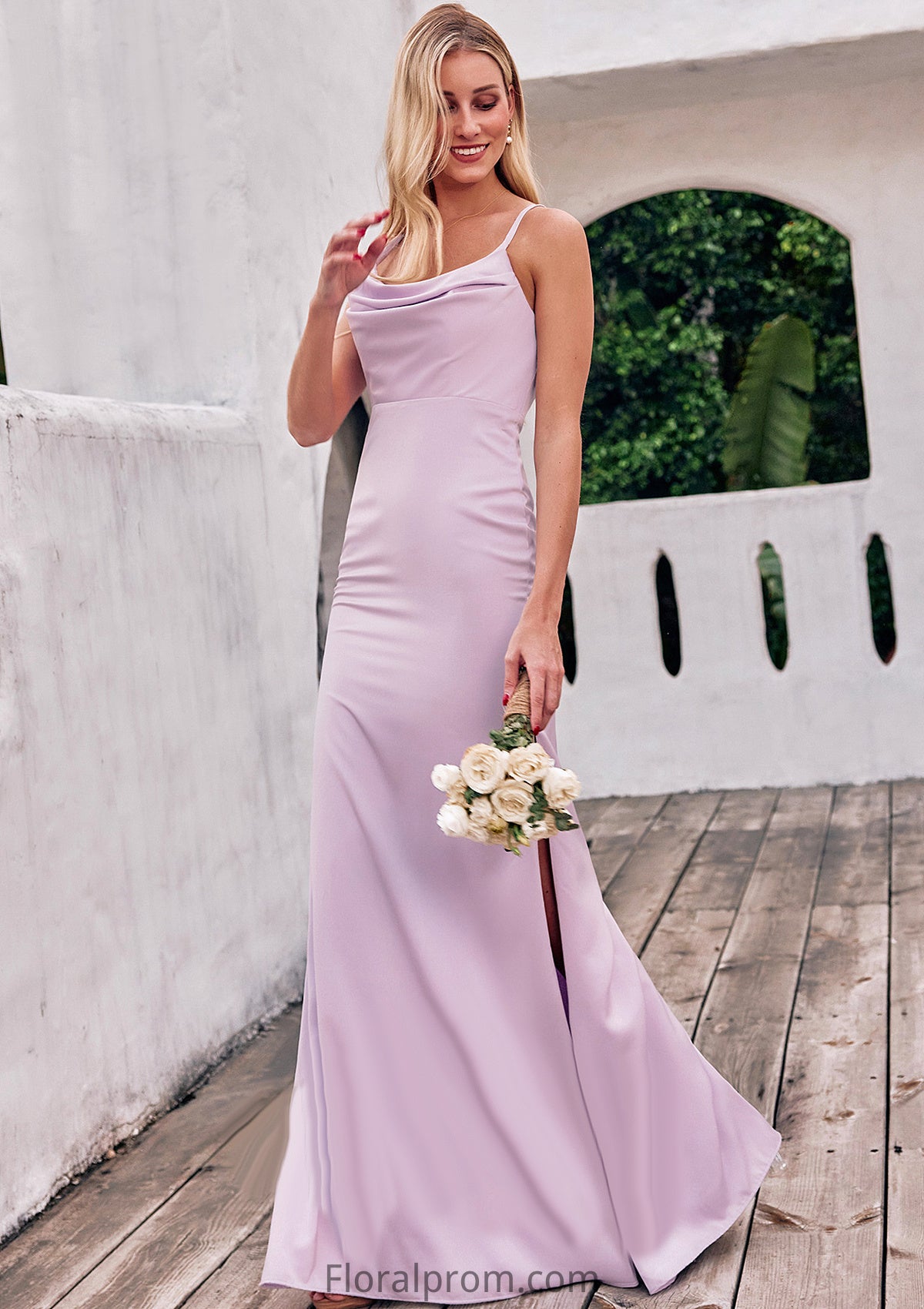 Sheath/Column Cowl Neck Sleeveless Floor-Length Stretch Satin Bridesmaid Dresses with Pleated Split Amiah HJP0025242