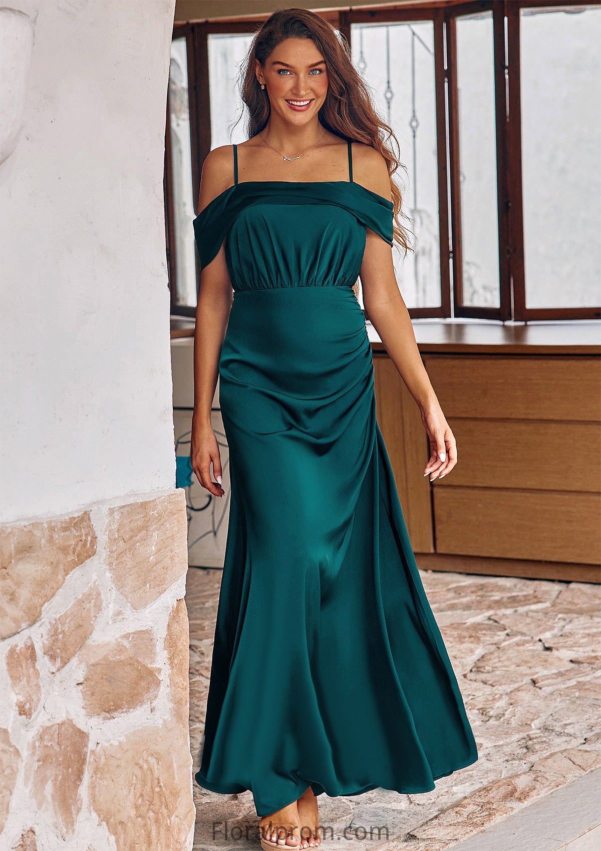 A-line Off-the-Shoulder Sleeveless Floor-Length Stretch Satin Bridesmaid Dresses with Pleated Leah HJP0025243