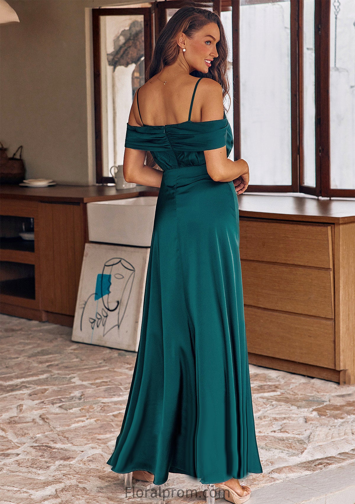 A-line Off-the-Shoulder Sleeveless Floor-Length Stretch Satin Bridesmaid Dresses with Pleated Leah HJP0025243