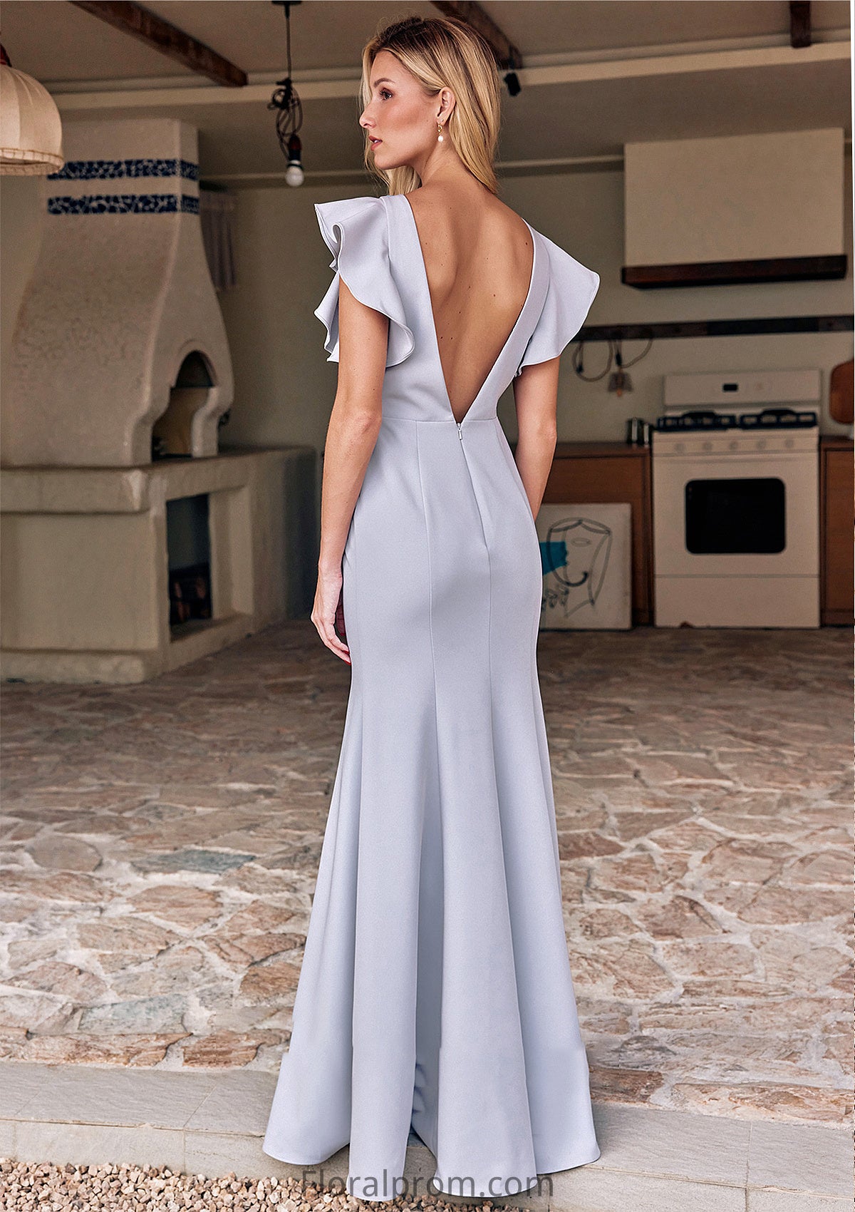 Trumpet/Mermaid Scoop Neck Short Sleeve Floor-Length Stretch Crepe Bridesmaid Dresses with Pleated Ruffles Chanel HJP0025244