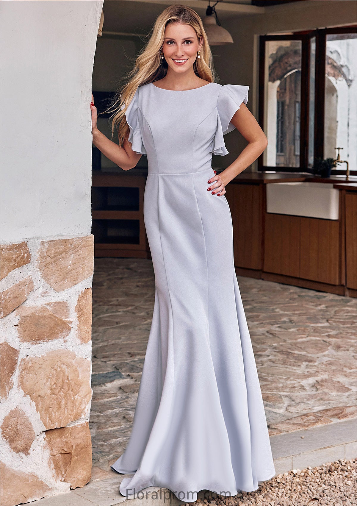 Trumpet/Mermaid Scoop Neck Short Sleeve Floor-Length Stretch Crepe Bridesmaid Dresses with Pleated Ruffles Chanel HJP0025244