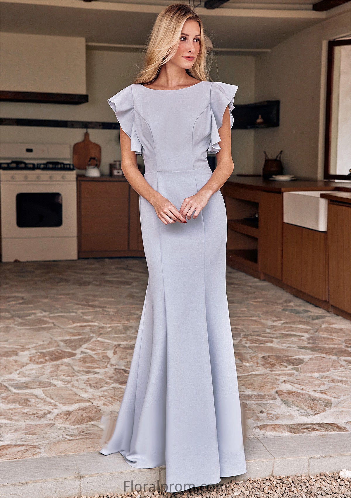 Trumpet/Mermaid Scoop Neck Short Sleeve Floor-Length Stretch Crepe Bridesmaid Dresses with Pleated Ruffles Chanel HJP0025244