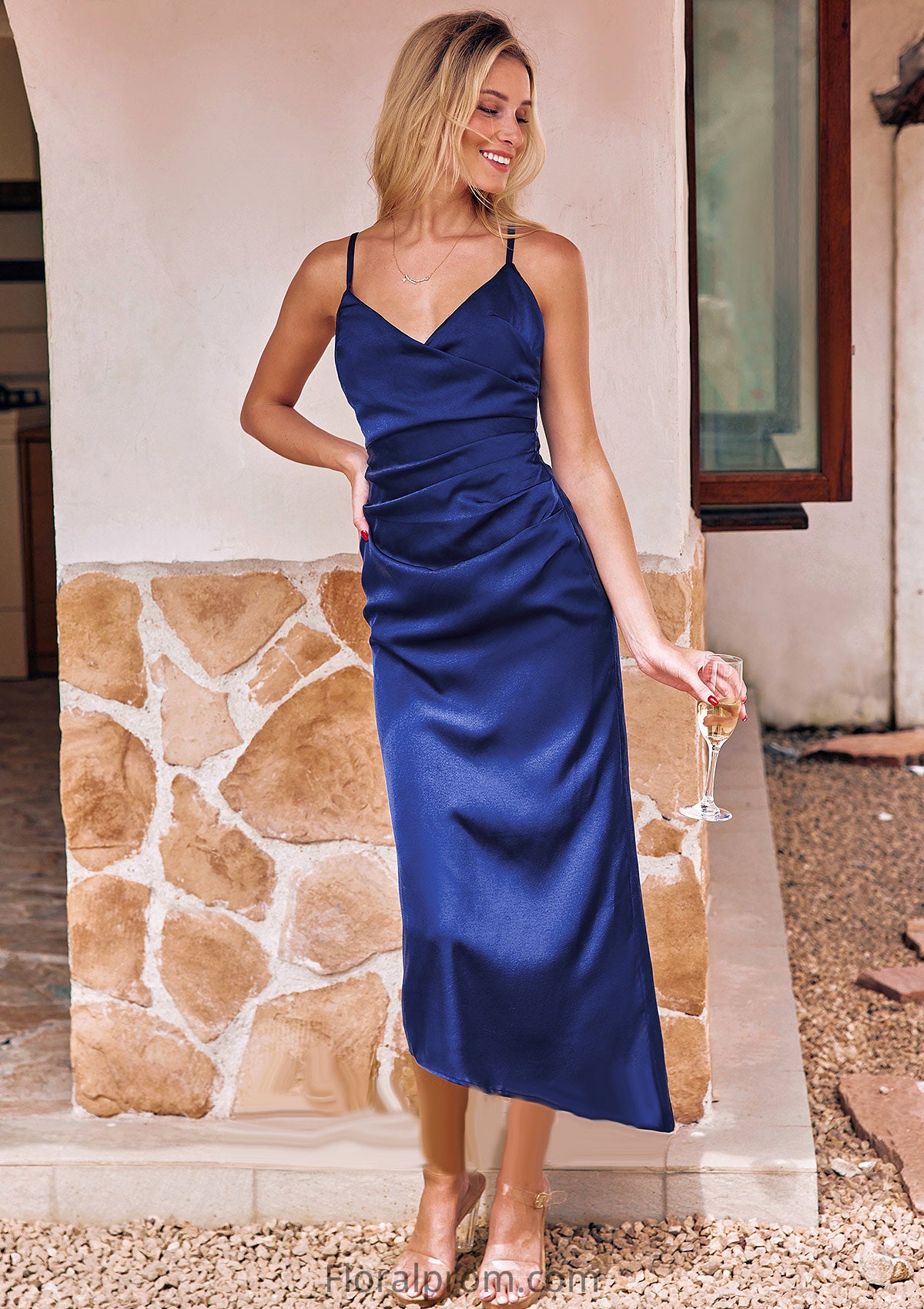 Sheath/Column V Neck Sleeveless Asymmetrical Stretch Satin Bridesmaid Dresses with Pleated Thelma HJP0025245